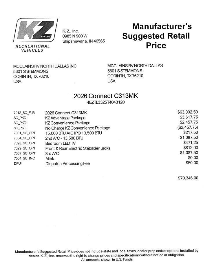 2026 Connect 313MK by K-Z from McClain's RV Superstore in Corinth, Texas