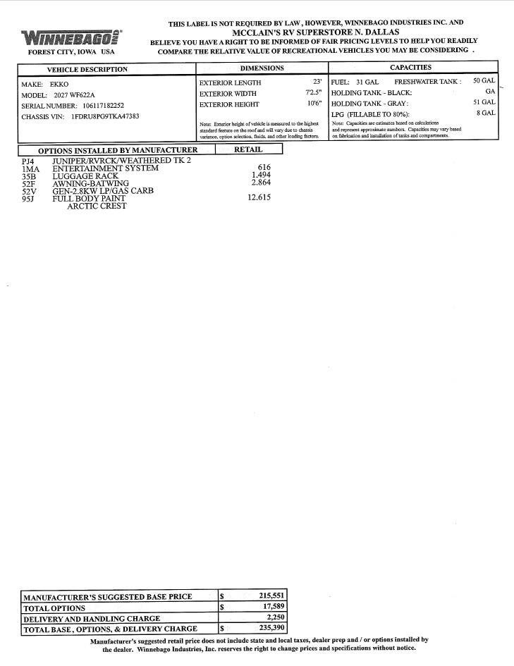 2027 Ekko 22A by Winnebago from McClain's RV Superstore in Corinth, Texas