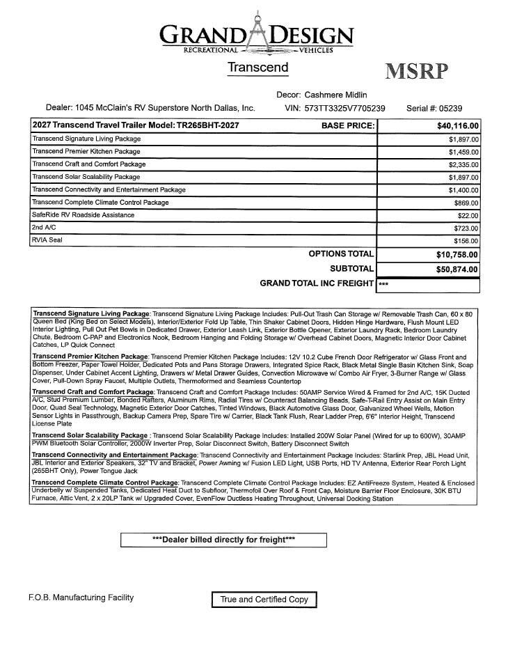 2027 Transcend 265BHT by Grand Design from McClain's RV Superstore in Corinth, Texas