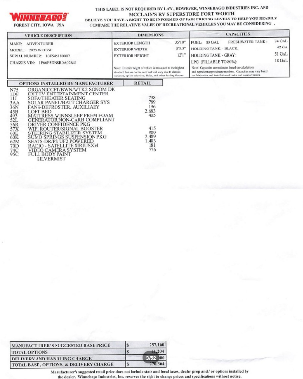 2025 Adventurer 35F by Winnebago from McClain's RV Oklahoma City in Oklahoma City, Oklahoma