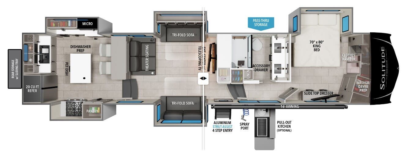 2026 Grand Design Solitude 390RK - New Fifth Wheel For Sale by McClain's RV Oklahoma City in Oklahoma City, Oklahoma features Stove, Ladder, Air Conditioning, Shower, LP Detector