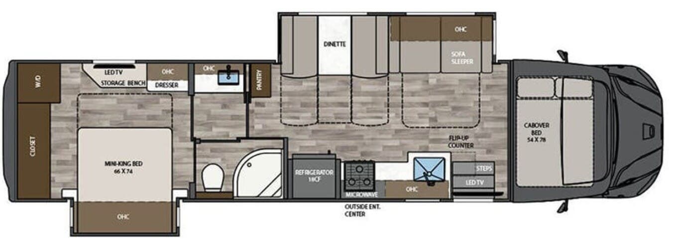 2018 Renegade VALENCIA 38RW - Used Super C For Sale by McClain's RV Oklahoma City in Oklahoma City, Oklahoma features Fire Extinguisher, Air Conditioning, Converter, Water Heater, Kitchen Sink