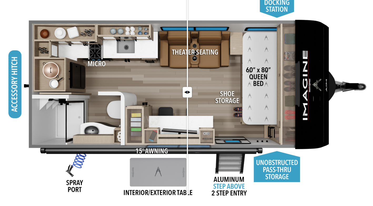 2026 Grand Design Imagine AIM 19MLA - New Travel Trailer For Sale by McClain's RV Oklahoma City in Oklahoma City, Oklahoma features 30 Amp Service, Pass Thru Storage, Fire Extinguisher, TV, Shower