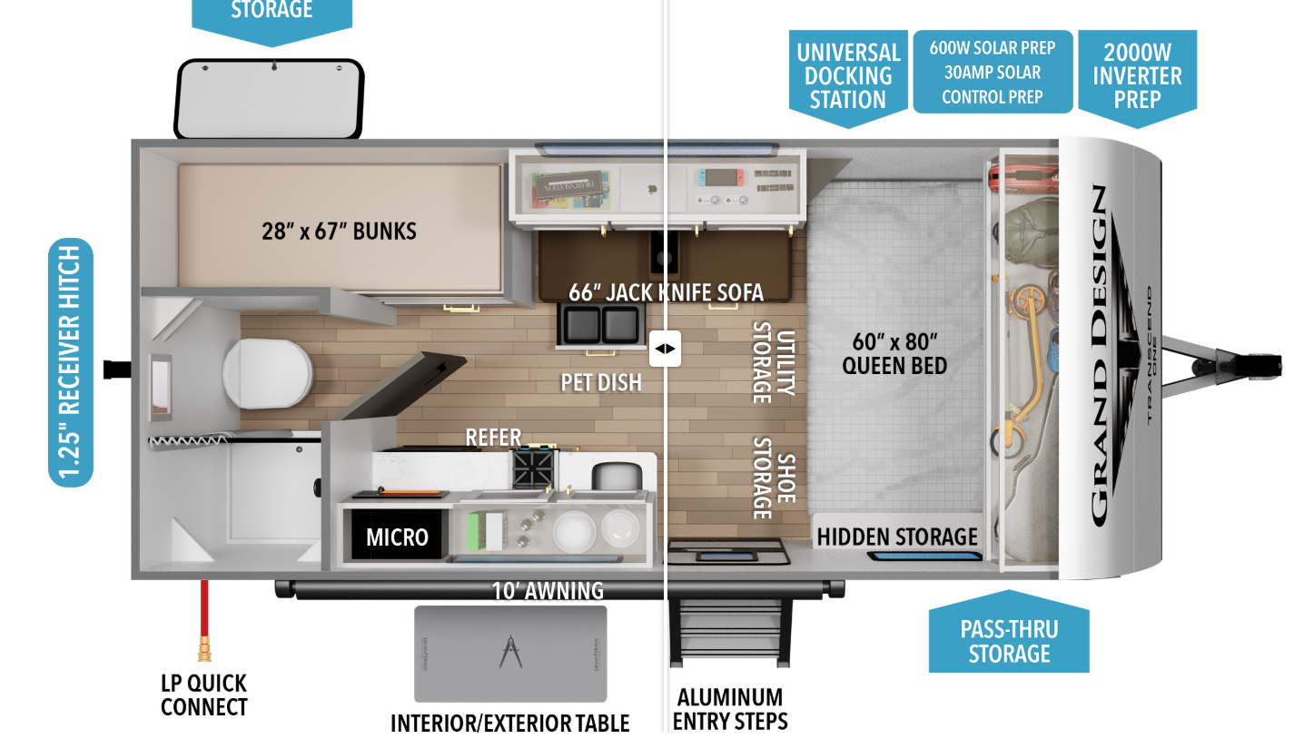 2026 Grand Design Transcend One 151BH - New Travel Trailer For Sale by McClain's RV Oklahoma City in Oklahoma City, Oklahoma features Pass Thru Storage, LP Detector, Detachable Power Cord, Awning, Bunk Beds