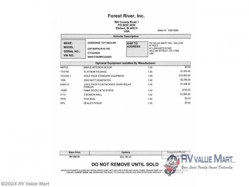 2024 Forest River Cherokee Wolf Pack 365PACK16 RV for Sale in Willow