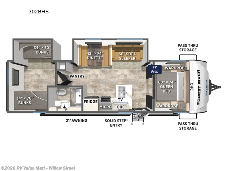 2026 Forest River Puma Tracks 302BHS - New Travel Trailer For Sale by RV Value Mart - Willow Street in Willow Street, Pennsylvania features Slideout