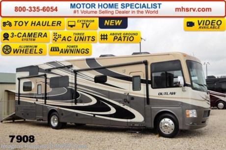 /TX 8/25/14 &lt;a href=&quot;http://www.mhsrv.com/thor-motor-coach/&quot;&gt;&lt;img src=&quot;http://www.mhsrv.com/images/sold-thor.jpg&quot; width=&quot;383&quot; height=&quot;141&quot; border=&quot;0&quot;/&gt;&lt;/a&gt; 2014 CLOSEOUT! World&#39;s RV Show Sale Priced Now Through Sept 6th. Call 800-335-6054 for Details. Receive a $1,000 VISA Gift Card with purchase from Motor Home Specialist while supplies last.   &lt;object width=&quot;400&quot; height=&quot;300&quot;&gt;&lt;param name=&quot;movie&quot; value=&quot;//www.youtube.com/v/IgC0KTermZs?version=3&amp;amp;hl=en_US&quot;&gt;&lt;/param&gt;&lt;param name=&quot;allowFullScreen&quot; value=&quot;true&quot;&gt;&lt;/param&gt;&lt;param name=&quot;allowscriptaccess&quot; value=&quot;always&quot;&gt;&lt;/param&gt;&lt;embed src=&quot;//www.youtube.com/v/IgC0KTermZs?version=3&amp;amp;hl=en_US&quot; type=&quot;application/x-shockwave-flash&quot; width=&quot;400&quot; height=&quot;300&quot; allowscriptaccess=&quot;always&quot; allowfullscreen=&quot;true&quot;&gt;&lt;/embed&gt;&lt;/object&gt; MSRP $172,674. New 2014 Thor Motor Coach Outlaw Toy Hauler. Model 37MD with 2 slide-out rooms and Ford 26-Series chassis with Triton V-10 engine, U-shaped dinette booth, frameless windows, high polished aluminum wheels, as well as drop down ramp door with spring assist &amp; railing for patio use. This unit measures approximately 38 feet 7 inches in length. Optional equipment includes the Rock Island full body paint, electric overhead hide-away bunk and dual cargo sofas in garage area.  The Outlaw toy hauler RV has an incredible list of standard features for 2014 including beautiful wood &amp; interior decor packages, (5) Flat Panel TVs including an exterior entertainment center, TV in loft, garage, main living room and 2nd living room. You will also find a theater sound system with hidden sub woofer, stereo in garage, exterior stereo speakers and audio controls, power patio awing, dual side entrance doors, fueling station, 1-piece windshield, a 5500 Onan generator, back-up &amp; side view cameras, automatic leveling system, Soft Touch leatherette furniture, leatherette sofa with sleeper, day/night shades and much more. For additional photos, details, videos &amp; SALE PRICE please visit Motor Home Specialist, the #1 Volume Selling Dealer in the World, at MHSRV .com or Call 800-335-6054. At Motor Home Specialist we DO NOT charge any prep or orientation fees like you will find at other dealerships. All sale prices include a 200 point inspection, interior &amp; exterior wash &amp; detail of vehicle, a thorough coach orientation with an MHS technician, an RV Starter&#39;s kit, a nights stay in our delivery park featuring landscaped and covered pads with full hook-ups and much more! Read From Thousands of Testimonials at MHSRV .com and See What They Had to Say About Their Experience at Motor Home Specialist. WHY PAY MORE?...... WHY SETTLE FOR LESS?