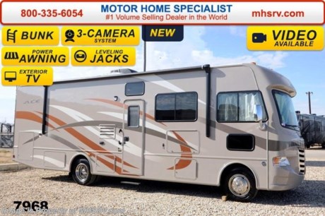 /TX 4/1/14 &lt;a href=&quot;http://www.mhsrv.com/thor-motor-coach/&quot;&gt;&lt;img src=&quot;http://www.mhsrv.com/images/sold-thor.jpg&quot; width=&quot;383&quot; height=&quot;141&quot; border=&quot;0&quot;/&gt;&lt;/a&gt; Receive a $1,000 VISA Gift Card with purchase at The #1 Volume Selling Motor Home Dealer in the World! Offer expires March 31st, 2013. Visit MHSRV .com or Call 800-335-6054 for complete details.    &lt;object width=&quot;400&quot; height=&quot;300&quot;&gt;&lt;param name=&quot;movie&quot; value=&quot;http://www.youtube.com/v/fBpsq4hH-Ws?version=3&amp;amp;hl=en_US&quot;&gt;&lt;/param&gt;&lt;param name=&quot;allowFullScreen&quot; value=&quot;true&quot;&gt;&lt;/param&gt;&lt;param name=&quot;allowscriptaccess&quot; value=&quot;always&quot;&gt;&lt;/param&gt;&lt;embed src=&quot;http://www.youtube.com/v/fBpsq4hH-Ws?version=3&amp;amp;hl=en_US&quot; type=&quot;application/x-shockwave-flash&quot; width=&quot;400&quot; height=&quot;300&quot; allowscriptaccess=&quot;always&quot; allowfullscreen=&quot;true&quot;&gt;&lt;/embed&gt;&lt;/object&gt; For the Lowest Price Please Visit MHSRV .com or Call 800-335-6054. MSRP $109,541. New 2014 Thor Motor Coach A.C.E. Model EVO 30.2 bunk model with a full wall slide-out room. The A.C.E. is the class A &amp; C Evolution. It Combines many of the most popular features of a class A motor home and a class C motor home to make something truly unique to the RV industry. This unit measures approximately 31 feet 4 inches in length. Optional equipment includes beautiful HD-Max exterior, exterior TV, TV &amp; DVD player in master bedroom, (2) TVs with DVD player in bunk beds, upgraded 15.0 BTU ducted roof A/C unit, second auxiliary battery and (2) 12V attic fans. The A.C.E. also features a large LCD TV, drop down overhead bunk, power side mirrors with integrated side view cameras, hydraulic leveling jacks, a mud-room, a Ford Triton V-10 engine and much more. FOR ADDITIONAL INFORMATION, VIDEO, MSRP, BROCHURE, PHOTOS &amp; MORE PLEASE CALL 800-335-6054 or VISIT MHSRV .com At Motor Home Specialist we DO NOT charge any prep or orientation fees like you will find at other dealerships. All sale prices include a 200 point inspection, interior &amp; exterior wash &amp; detail of vehicle, a thorough coach orientation with an MHS technician, an RV Starter&#39;s kit, a nights stay in our delivery park featuring landscaped and covered pads with full hook-ups and much more! Read From Thousands of Testimonials at MHSRV .com and See What They Had to Say About Their Experience at Motor Home Specialist. WHY PAY MORE?...... WHY SETTLE FOR LESS?