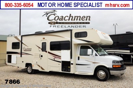 /TX 12/28/2013 &lt;a href=&quot;http://www.mhsrv.com/coachmen-rv/&quot;&gt;&lt;img src=&quot;http://www.mhsrv.com/images/sold-coachmen.jpg&quot; width=&quot;383&quot; height=&quot;141&quot; border=&quot;0&quot; /&gt;&lt;/a&gt; YEAR END CLOSE-OUT! Purchase this unit anytime before Dec. 30th, 2013 and MHSRV will Donate $1,000 to Cook Children&#39;s. Complete details at MHSRV .com or 800-335-6054. For the Lowest Price &amp; Largest Selection Visit Motor Home Specialist, the #1 Volume Selling Dealer in the World! &lt;object width=&quot;400&quot; height=&quot;300&quot;&gt;&lt;param name=&quot;movie&quot; value=&quot;http://www.youtube.com/v/fBpsq4hH-Ws?version=3&amp;amp;hl=en_US&quot;&gt;&lt;/param&gt;&lt;param name=&quot;allowFullScreen&quot; value=&quot;true&quot;&gt;&lt;/param&gt;&lt;param name=&quot;allowscriptaccess&quot; value=&quot;always&quot;&gt;&lt;/param&gt;&lt;embed src=&quot;http://www.youtube.com/v/fBpsq4hH-Ws?version=3&amp;amp;hl=en_US&quot; type=&quot;application/x-shockwave-flash&quot; width=&quot;400&quot; height=&quot;300&quot; allowscriptaccess=&quot;always&quot; allowfullscreen=&quot;true&quot;&gt;&lt;/embed&gt;&lt;/object&gt; MSRP $82,966. New 2014 Coachmen Freelander Model 28QB. This Class C RV measures approximately 30 feet 9 inches in length and features a tremendous amount of living &amp; storage area. This beautiful RV includes the 50th Anniversary pack featuring high gloss colored fiberglass sidewalls, fiberglass running boards, tinted windows, 3 burner range with oven, stainless steel wheel inserts, AM/FM stereo, rear ladder, Travel East Roadside Assistance, 50 gallon fresh water tank, 5,000 lb. hitch, glass shower door, Onan generator, 80 inch long bed, roller bearing drawer glides, Azdel Composite sidewall and Thermofoil counter tops. Additional options include the all new Platinum wood color, exterior privacy windshield cover, air assisted suspension, spare tire, 15K BTU A/C with heat pump, exterior entertainment center and 24&quot; LCD TV w/DVD, as well as the Freelander Premier Package which including an electric awning, back-up camera, child saftey net and ladder and heated holding tanks.  The Coachmen Freelander RV also features a Chevy 4500 series chassis, 6.0L Vortec V-8, 6-speed automatic transmission, 57 gallon fuel tank and more. For additional photos, details, videos &amp; SALE PRICE please visit Motor Home Specialist, the #1 Volume Selling Dealer in the World, at MHSRV .com or Call 800-335-6054. At Motor Home Specialist we DO NOT charge any prep or orientation fees like you will find at other dealerships. All sale prices include a 200 point inspection, interior &amp; exterior wash &amp; detail of vehicle, a thorough coach orientation with an MHS technician, an RV Starter&#39;s kit, a nights stay in our delivery park featuring landscaped and covered pads with full hook-ups and much more! Read From Thousands of Testimonials at MHSRV .com and See What They Had to Say About Their Experience at Motor Home Specialist. WHY PAY MORE?...... WHY SETTLE FOR LESS?