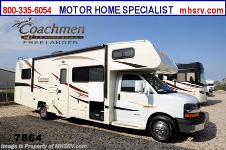 /TX 3/25/14 &lt;a href=&quot;http://www.mhsrv.com/coachmen-rv/&quot;&gt;&lt;img src=&quot;http://www.mhsrv.com/images/sold-coachmen.jpg&quot; width=&quot;383&quot; height=&quot;141&quot; border=&quot;0&quot;/&gt;&lt;/a&gt; Receive a $1,000 VISA Gift Card with purchase at The #1 Volume Selling Motor Home Dealer in the World! Offer expires March 31st, 2013. Visit MHSRV .com or Call 800-335-6054 for complete details.  &lt;object width=&quot;400&quot; height=&quot;300&quot;&gt;&lt;param name=&quot;movie&quot; value=&quot;//www.youtube.com/v/Up9m210doqE?version=3&amp;amp;hl=en_US&quot;&gt;&lt;/param&gt;&lt;param name=&quot;allowFullScreen&quot; value=&quot;true&quot;&gt;&lt;/param&gt;&lt;param name=&quot;allowscriptaccess&quot; value=&quot;always&quot;&gt;&lt;/param&gt;&lt;embed src=&quot;//www.youtube.com/v/Up9m210doqE?version=3&amp;amp;hl=en_US&quot; type=&quot;application/x-shockwave-flash&quot; width=&quot;400&quot; height=&quot;300&quot; allowscriptaccess=&quot;always&quot; allowfullscreen=&quot;true&quot;&gt;&lt;/embed&gt;&lt;/object&gt; MSRP $82,966. New 2014 Coachmen Freelander Model 28QB. This Class C RV measures approximately 30 feet 9 inches in length and features a tremendous amount of living &amp; storage area. This beautiful RV includes the 50th Anniversary pack featuring high gloss colored fiberglass sidewalls, fiberglass running boards, tinted windows, 3 burner range with oven, stainless steel wheel inserts, AM/FM stereo, rear ladder, Travel East Roadside Assistance, 50 gallon fresh water tank, 5,000 lb. hitch, glass shower door, Onan generator, 80 inch long bed, roller bearing drawer glides, Azdel Composite sidewall and Thermofoil counter tops. Additional options include the all new Platinum wood color, exterior privacy windshield cover, air assisted suspension, spare tire, 15K BTU A/C with heat pump, exterior entertainment center and 24&quot; LCD TV w/DVD, as well as the Freelander Premier Package which including an electric awning, back-up camera, child saftey net and ladder and heated holding tanks.  The Coachmen Freelander RV also features a Chevy 4500 series chassis, 6.0L Vortec V-8, 6-speed automatic transmission, 57 gallon fuel tank and more. For additional photos, details, videos &amp; SALE PRICE please visit Motor Home Specialist, the #1 Volume Selling Dealer in the World, at MHSRV .com or Call 800-335-6054. At Motor Home Specialist we DO NOT charge any prep or orientation fees like you will find at other dealerships. All sale prices include a 200 point inspection, interior &amp; exterior wash &amp; detail of vehicle, a thorough coach orientation with an MHS technician, an RV Starter&#39;s kit, a nights stay in our delivery park featuring landscaped and covered pads with full hook-ups and much more! Read From Thousands of Testimonials at MHSRV .com and See What They Had to Say About Their Experience at Motor Home Specialist. WHY PAY MORE?...... WHY SETTLE FOR LESS?