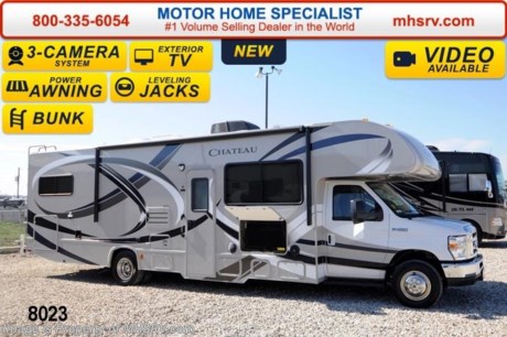/TX 10/15/14 &lt;a href=&quot;http://www.mhsrv.com/thor-motor-coach/&quot;&gt;&lt;img src=&quot;http://www.mhsrv.com/images/sold-thor.jpg&quot; width=&quot;383&quot; height=&quot;141&quot; border=&quot;0&quot;/&gt;&lt;/a&gt;
2014 CLOSEOUT! Receive a $1,000 VISA Gift Card with purchase from Motor Home Specialist while supplies last.   &lt;object width=&quot;400&quot; height=&quot;300&quot;&gt;&lt;param name=&quot;movie&quot; value=&quot;//www.youtube.com/v/zb5_686Rceo?version=3&amp;amp;hl=en_US&quot;&gt;&lt;/param&gt;&lt;param name=&quot;allowFullScreen&quot; value=&quot;true&quot;&gt;&lt;/param&gt;&lt;param name=&quot;allowscriptaccess&quot; value=&quot;always&quot;&gt;&lt;/param&gt;&lt;embed src=&quot;//www.youtube.com/v/zb5_686Rceo?version=3&amp;amp;hl=en_US&quot; type=&quot;application/x-shockwave-flash&quot; width=&quot;400&quot; height=&quot;300&quot; allowscriptaccess=&quot;always&quot; allowfullscreen=&quot;true&quot;&gt;&lt;/embed&gt;&lt;/object&gt; For Lowest Price &amp; Largest Selection Visit the #1 Volume Selling Dealer in the World at MHSRV .com or Call 800-335-6054. MSRP $110,077. New 2014 Thor Motor Coach Chateau Class C RV. Model 31E bunk house with Ford E-450 chassis, Ford Triton V-10 engine and measures approximately 32 feet 7 inches in length. The Chateau 31E features the Premier Package which includes solid surface kitchen countertop with pressed dinette top, roller shades, power charging center for electronics, enclosed area for sewer tank valves, water filter system, LED ceiling lights, black tank flush, 30 inch over the range microwave and exterior speakers. Optional equipment includes the HD-Max exterior, cabover entertainment center with a 39&quot; TV/DVD &amp; Soundbar, (2) LCD TVs with DVD player in bunk beds, exterior entertainment center, leatherette sofa, dual child safety tether, power attic fan in overhead bunk, upgraded 15,000 BTU A/C, second auxiliary battery, spare tire, automatic hydraulic leveling jacks, heated remote exterior mirrors with integrated side view cameras, power driver&#39;s chair, leatherette driver &amp; passenger chairs, cockpit carpet mat and wood dash applique. The Chateau 31E Class C RV has an incredible list of standard features including power windows and locks, bedroom TV, 3 burner high output range top with oven, gas/electric water heater, holding tanks with heat pads, auto transfer switch, wheel liners, valve stem extenders, keyless entry, automatic electric patio awning, back-up monitor, double door refrigerator, roof ladder, 4000 Onan Micro Quiet generator, slick fiberglass exterior, full extension drawer glides, bedspread &amp; pillow shams and much more. FOR ADDITIONAL INFORMATION, BROCHURE, WINDOW STICKER, PHOTOS &amp; VIDEOS PLEASE VISIT MOTOR HOME SPECIALIST AT MHSRV .com or CALL 800-335-6054. At Motor Home Specialist we DO NOT charge any prep or orientation fees like you will find at other dealerships. All sale prices include a 200 point inspection, interior &amp; exterior wash &amp; detail of vehicle, a thorough coach orientation with an MHS technician, an RV Starter&#39;s kit, a nights stay in our delivery park featuring landscaped and covered pads with full hook-ups and much more! Read From Thousands of Testimonials at MHSRV .com and See What They Had to Say About Their Experience at Motor Home Specialist. WHY PAY MORE?...... WHY SETTLE FOR LESS?