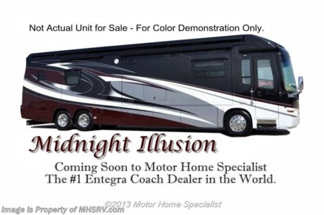 /TX 3/19/14  *SOLD*  Receive a $1,000 VISA Gift Card with purchase at The #1 Volume Selling Motor Home Dealer in the World! Offer expires March 31st, 2013. Visit MHSRV .com or Call 800-335-6054 for complete details.   &lt;object width=&quot;400&quot; height=&quot;300&quot;&gt;&lt;param name=&quot;movie&quot; value=&quot;http://www.youtube.com/v/oXJ2jMyEyr8?version=3&amp;amp;hl=en_US&quot;&gt;&lt;/param&gt;&lt;param name=&quot;allowFullScreen&quot; value=&quot;true&quot;&gt;&lt;/param&gt;&lt;param name=&quot;allowscriptaccess&quot; value=&quot;always&quot;&gt;&lt;/param&gt;&lt;embed src=&quot;http://www.youtube.com/v/oXJ2jMyEyr8?version=3&amp;amp;hl=en_US&quot; type=&quot;application/x-shockwave-flash&quot; width=&quot;400&quot; height=&quot;300&quot; allowscriptaccess=&quot;always&quot; allowfullscreen=&quot;true&quot;&gt;&lt;/embed&gt;&lt;/object&gt;
#1 Volume Selling Entegra Coach Dealer in the World. Visit MHSRV .com or call 800-335-6054 for the largest selection and lowest price!  MSRP $459,823. New 2014 Entegra Anthem W/4 Slides. Model 44B (Bath &amp; 1/2) - This luxury diesel motor coach measures approximately 44 feet 11 inches in length and is backed by Entegra Coach&#39;s superior 2-Year/24K Mile Limited Coach &amp; 5-Year Limited Structural Warranties. The all new 2014 model is highlighted by expandable L-shaped sofa, 50 inch LED TV, the new front &amp; rear fiberglass caps with integrated awning. Options include Midnight Illusion full body paint, Tuscan Cherry wood package, Kensington Palace interior decor, dual 100-Watt solar panels, exterior freezer with slide-out tray, premium entertainment system, ceiling fan and the Mobile Eye Lane Departure and Forward Collision Warning System with Car, Motorcycle, Bicycle &amp; Pedestrian Detection. The Anthem rides on a raised rail Spartan chassis, Air Disc Brakes, 55 degree wheel cut, &amp; Entegra’s exclusive X-Bridge framing. It is powered by a 450 HP Cummins diesel engine and Allison 3000 series 6-speed automatic transmission with dual overdrives and new push button shift pad. The Entegra Coach Anthem also features perhaps the most impressive list of standard equipment ever offered on a luxury motor coach. For additional warranty information contact Motor Home Specialist or visit Entegra Coach Online. For additional warranty information contact Motor Home Specialist or visit Entegra Coach Online. For additional photos, details, videos &amp; SALE PRICE please visit Motor Home Specialist the #1 Volume Selling Dealer in the World. MHSRV .com or 800-335-6054. At Motor Home Specialist we DO NOT charge any prep or orientation fees like you will find at other dealerships. All sale prices include a 200 point inspection, interior &amp; exterior wash &amp; detail of vehicle, a thorough coach orientation with an MHS technician, an RV Starter&#39;s kit, a nights stay in our delivery park featuring landscaped and covered pads with full hook-ups and much more! Read From Thousands of Testimonials at MHSRV .com and See What They Had to Say About Their Experience at Motor Home Specialist. WHY PAY MORE?...... WHY SETTLE FOR LESS?