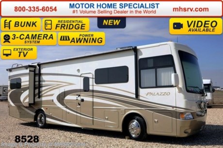 /SD 4/24/14 &lt;a href=&quot;http://www.mhsrv.com/thor-motor-coach/&quot;&gt;&lt;img src=&quot;http://www.mhsrv.com/images/sold-thor.jpg&quot; width=&quot;383&quot; height=&quot;141&quot; border=&quot;0&quot;/&gt;&lt;/a&gt; 2014 CLOSEOUT! Receive a $1,000 VISA Gift Card with purchase from Motor Home Specialist while supplies last!  Visit MHSRV .com or Call 800-335-6054 for complete details.      &lt;object width=&quot;400&quot; height=&quot;300&quot;&gt;&lt;param name=&quot;movie&quot; value=&quot;//www.youtube.com/v/lox2FKllvBE?version=3&amp;amp;hl=en_US&quot;&gt;&lt;/param&gt;&lt;param name=&quot;allowFullScreen&quot; value=&quot;true&quot;&gt;&lt;/param&gt;&lt;param name=&quot;allowscriptaccess&quot; value=&quot;always&quot;&gt;&lt;/param&gt;&lt;embed src=&quot;//www.youtube.com/v/lox2FKllvBE?version=3&amp;amp;hl=en_US&quot; type=&quot;application/x-shockwave-flash&quot; width=&quot;400&quot; height=&quot;300&quot; allowscriptaccess=&quot;always&quot; allowfullscreen=&quot;true&quot;&gt;&lt;/embed&gt;&lt;/object&gt; #1 Volume Selling Thor Motor Coach Dealer in the World. MSRP $204,608. All New 2014 Thor Motor Coach Palazzo Diesel Pusher. Model 33.3. This Diesel Pusher RV features (2) slide-out rooms including a driver&#39;s side full wall slide, bunk beds, booth dinette with LCD TV, exterior LCD TV, invisible front paint protection &amp; front electric drop-down over head bunk. The 2014 Palazzo also features a 300 HP Cummins diesel engine with 660 lbs. of torque, Freightliner XC chassis, 6000 Onan diesel generator with AGS, power driver&#39;s seat, inverter, LCD TV/DVD, residential refrigerator, solid surface countertops, (2) ducted roof A/C units, 3-camera monitoring system, one piece windshield, fiberglass storage compartments, fully automatic hydraulic leveling system, automatic entry step, electric patio awning and much more. For additional photos, details, videos &amp; SALE PRICE please visit Motor Home Specialist, the #1 Volume Selling Dealer in the World, at MHSRV .com or Call 800-335-6054. At Motor Home Specialist we DO NOT charge any prep or orientation fees like you will find at other dealerships. All sale prices include a 200 point inspection, interior &amp; exterior wash &amp; detail of vehicle, a thorough coach orientation with an MHS technician, an RV Starter&#39;s kit, a nights stay in our delivery park featuring landscaped and covered pads with full hook-ups and much more! Read From Thousands of Testimonials at MHSRV .com and See What They Had to Say About Their Experience at Motor Home Specialist. WHY PAY MORE?...... WHY SETTLE FOR LESS?