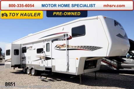 /TX 3/19/14  *SOLD*  Used Keystone RV for Sale- 2007 Keystone Raptor 3600RL toy hauler is approximately 38 feet in length with 3 slides, 5.5KW Onan generator, pass-thru storage, aluminum wheels, patio awning, water heater, 50 Amp service, black tank rinsing system, exterior shower, exterior speakers, 2 sofas with sleepers, booth converts to sleeper, microwave, night shades, fold up counter, 3 burner range with gas oven, sink covers, refrigerator in living area as well as a mini fridge. ceiling fan, loft bunk, safe, ducted A/C system, glass door shower with seat and 3 TVs. For additional information and photos please visit Motor Home Specialist at www.MHSRV .com or call 800-335-6054.