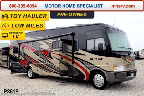 /TX 3/11/14 &lt;a href=&quot;http://www.mhsrv.com/thor-motor-coach/&quot;&gt;&lt;img src=&quot;http://www.mhsrv.com/images/sold-thor.jpg&quot; width=&quot;383&quot; height=&quot;141&quot; border=&quot;0&quot;/&gt;&lt;/a&gt; Used 2013 Thor Motor Coach Outlaw Toy Hauler. Model 3611 with slide-out room and Ford 22-Series chassis with Triton V-10 engine &amp; high polished aluminum wheels. This unit measures approximately 37 feet 4 inches in length. Equipment includes an electric queen lift bed in garage, full body exterior paint job, beautiful wood &amp; interior decor packages, (5) LCD TVs including and exterior entertainment center, large living room LCD TV, side door TV for viewing while traveling, LCD TV in loft and LCD TV in garage. You will also find a theater sound system in the living room with hidden sub woofer, stereo in garage, exterior stereo speakers and audio controls, power patio awing, dual side entrance doors, dual pane windows, fueling station, 1-piece windshield,  a 5500 Onan generator, back-up camera, automatic leveling system, Soft Touch leather furniture, hide-a-bed sofa with power inflate &amp; deflate controls, day/night shades and much more. FOR ADDITIONAL INFORMATION, BROCHURE, WINDOW STICKER, PHOTOS &amp; PRODUCT VIDEO PLEASE VISIT MOTOR HOME SPECIALIST AT MHSRV .COM or CALL 800-335-6054. 