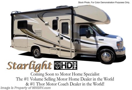 /AK 7/14 &lt;a href=&quot;http://www.mhsrv.com/thor-motor-coach/&quot;&gt;&lt;img src=&quot;http://www.mhsrv.com/images/sold-thor.jpg&quot; width=&quot;383&quot; height=&quot;141&quot; border=&quot;0&quot;/&gt;&lt;/a&gt; Receive a MHSRV Camper&#39;s Package While Supplies Last! MHSRV Pkg. includes a 32 inch LED HDTV with Built in DVD Player, a Sony Play Station 3 with Blu-Ray capability, a GPS Navigation System, (4) Collapsible Chairs, a Large Collapsible Table, a Rolling Cooler, an Electric Grill and a Complete Grillers Utensil Set with purchase of this unit and If you purchase now through July 31st, 2014 MHSRV will donate $1,000 to the Intrepid Fallen Heroes Fund adding to our now more than $265,000 already raised!  #1 Volume Selling Motor Home Dealer in the World. MSRP $82,528. New 2015 Thor Motor Coach Chateau Class C RV. Model 22E with Ford E-350 chassis &amp; Ford Triton V-10 engine. This unit measures approximately 23 feet 11 inches in length. Optional equipment includes the amazing HD-Max color exterior, convection microwave, leatherette U-shaped dinette, child safety tether, exterior shower, heated holding tanks, second auxiliary battery, wheel liners, valve stem extenders, keyless entry, spare tire, back-up monitor, heated remote exterior mirrors with integrated side view cameras, leatherette driver &amp; passenger chairs, cockpit carpet mat and wood dash appliqu&#233;. The Chateau Class C RV has an incredible list of standard features for 2015 including Mega exterior storage, power windows and locks, gas/electric water heater, large TV on a swivel in the over head cab (N/A with cab over entertainment center), auto transfer switch, power patio awning with integrated LED lighting, double door refrigerator, skylight, 4000 Onan Micro Quiet generator, slick fiberglass exterior, full extension drawer glides, roof ladder, bedspread &amp; pillow shams, power vent and much more. FOR ADDITIONAL INFORMATION, PHOTOS &amp; VIDEOS Please visit Motor Home Specialist at  MHSRV .com or Call 800-335-6054. At Motor Home Specialist we DO NOT charge any prep or orientation fees like you will find at other dealerships. All sale prices include a 200 point inspection, interior &amp; exterior wash &amp; detail of vehicle, a thorough coach orientation with an MHS technician, an RV Starter&#39;s kit, a nights stay in our delivery park featuring landscaped and covered pads with full hook-ups and much more! Read From Thousands of Testimonials at MHSRV .com and See What They Had to Say About Their Experience at Motor Home Specialist. WHY PAY MORE?...... WHY SETTLE FOR LESS? 