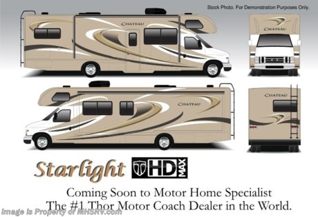 /ID 4/1/14 &lt;a href=&quot;http://www.mhsrv.com/thor-motor-coach/&quot;&gt;&lt;img src=&quot;http://www.mhsrv.com/images/sold-thor.jpg&quot; width=&quot;383&quot; height=&quot;141&quot; border=&quot;0&quot;/&gt;&lt;/a&gt; #1 Volume Selling Motor Home Dealer in the World. MSRP $81,478. New 2015 Thor Motor Coach Chateau Class C RV. Model 22E with Ford E-350 chassis &amp; Ford Triton V-10 engine. This unit measures approximately 23 feet 11 inches in length. Optional equipment includes the amazing HD-Max color exterior, convection microwave, child safety tether, exterior shower, heated holding tanks, second auxiliary battery, wheel liners, valve stem extenders, keyless entry, spare tire, back-up monitor, heated remote exterior mirrors with integrated side view cameras, cockpit carpet mat and wood dash appliqu&#233;. The Chateau Class C RV has an incredible list of standard features for 2015 including Mega exterior storage, power windows and locks, gas/electric water heater, large TV on a swivel in the cover head cab (N/A with cab over entertainment center), auto transfer switch, power patio awning with integrated LED lighting, double door refrigerator, skylight, 4000 Onan Micro Quiet generator, slick fiberglass exterior, full extension drawer glides, roof ladder, bedspread &amp; pillow shams, power vent and much more. FOR ADDITIONAL INFORMATION, PHOTOS &amp; VIDEOS Please visit Motor Home Specialist at  MHSRV .com or Call 800-335-6054. At Motor Home Specialist we DO NOT charge any prep or orientation fees like you will find at other dealerships. All sale prices include a 200 point inspection, interior &amp; exterior wash &amp; detail of vehicle, a thorough coach orientation with an MHS technician, an RV Starter&#39;s kit, a nights stay in our delivery park featuring landscaped and covered pads with full hook-ups and much more! Read From Thousands of Testimonials at MHSRV .com and See What They Had to Say About Their Experience at Motor Home Specialist. WHY PAY MORE?...... WHY SETTLE FOR LESS? 