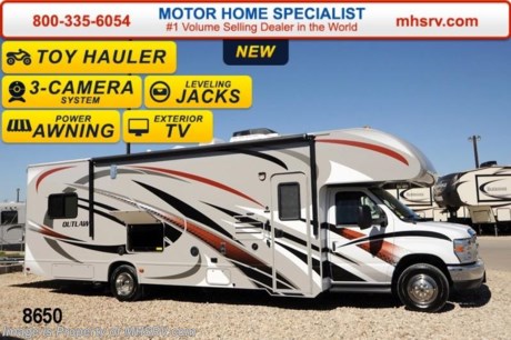 /TX 4/8/14 &lt;a href=&quot;http://www.mhsrv.com/thor-motor-coach/&quot;&gt;&lt;img src=&quot;http://www.mhsrv.com/images/sold-thor.jpg&quot; width=&quot;383&quot; height=&quot;141&quot; border=&quot;0&quot;/&gt;&lt;/a&gt; The #1 Volume Selling Motor Home Dealer in the World! Visit MHSRV .com or Call 800-335-6054 for complete details. 
&lt;object width=&quot;400&quot; height=&quot;300&quot;&gt;&lt;param name=&quot;movie&quot; value=&quot;http://www.youtube.com/v/fBpsq4hH-Ws?version=3&amp;amp;hl=en_US&quot;&gt;&lt;/param&gt;&lt;param name=&quot;allowFullScreen&quot; value=&quot;true&quot;&gt;&lt;/param&gt;&lt;param name=&quot;allowscriptaccess&quot; value=&quot;always&quot;&gt;&lt;/param&gt;&lt;embed src=&quot;http://www.youtube.com/v/fBpsq4hH-Ws?version=3&amp;amp;hl=en_US&quot; type=&quot;application/x-shockwave-flash&quot; width=&quot;400&quot; height=&quot;300&quot; allowscriptaccess=&quot;always&quot; allowfullscreen=&quot;true&quot;&gt;&lt;/embed&gt;&lt;/object&gt;
MSRP $111,820. New 2014 Thor Motor Coach Outlaw Toy Hauler. Model 29H with slide-out, Ford E-450 chassis, 6.8L V-10 engine with 305 HP and 420 lb-ft torque, 5,000K lb. hitch and a garage door that converts to an outside patio deck. This unit measures approximately 30 feet 9 inches in length. Optional equipment includes the beautiful After Burner HD-Max exterior, exterior entertainment center, fully automatic hydraulic leveling jacks, holding tanks with heat pads, 12V attic fan in the over head bunk area, A/C in garage area and 2 fold down leatherette sofas in the garage.  The Outlaw toy hauler RV has an incredible list of standard features including beautiful wood &amp; interior decor packages, large swivel TV with DVD player in the cab over bunk area, power patio awning, exterior shower, heated exterior mirrors, 3 camera monitoring system, valve stem extenders, 3 burner range, convection microwave, flat panel TV with DVD player in the garage, 4.0 Micro Quiet Onan generator, gas/electric water heater and much more. For additional photos, details, videos &amp; SALE PRICE please visit Motor Home Specialist, the #1 Volume Selling Dealer in the World, at MHSRV .com or Call 800-335-6054. At Motor Home Specialist we DO NOT charge any prep or orientation fees like you will find at other dealerships. All sale prices include a 200 point inspection, interior &amp; exterior wash &amp; detail of vehicle, a thorough coach orientation with an MHS technician, an RV Starter&#39;s kit, a nights stay in our delivery park featuring landscaped and covered pads with full hook-ups and much more! Read From Thousands of Testimonials at MHSRV .com and See What They Had to Say About Their Experience at Motor Home Specialist. WHY PAY MORE?...... WHY SETTLE FOR LESS?