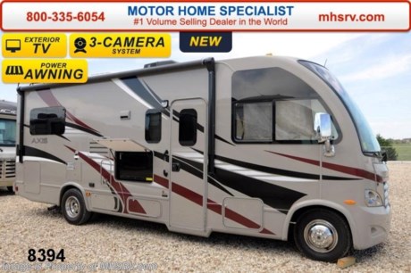 /TX 8/5/14 &lt;a href=&quot;http://www.mhsrv.com/thor-motor-coach/&quot;&gt;&lt;img src=&quot;http://www.mhsrv.com/images/sold-thor.jpg&quot; width=&quot;383&quot; height=&quot;141&quot; border=&quot;0&quot;/&gt;&lt;/a&gt; Family Owned &amp; Operated and the #1 Volume Selling Motor Home Dealer in the World as well as the #1 Thor Motor Coach Dealer in the World. Thor Motor Coach has done it again with the world&#39;s first RUV! (Recreational Utility Vehicle) Check out the new 2015 Thor Motor Coach Axis RUV Model 24.1 with Slide-Out Room! MSRP $97,053. The Axis combines Style, Function, Affordability &amp; Innovation like no other RV available in the industry today! It is powered by a Ford Triton V-10 engine and built on the Ford E-350 Super Duty chassis providing a lower center of gravity and ease of drivability normally found only in a class C RV, but now available in this mini class A motor home measuring approximately 25 ft. 6 inches. Taking superior drivability even one step further, the Axis will also feature something normally only found in a high-end luxury diesel pusher motor coach... an Independent Front Suspension system! With a style all its own the Axis will provide superior handling and fuel economy and appeal to couples &amp; family RVers as well. The uniquely designed rear twin beds easily convert into a huge oversized master bed. You will also find another full size power drop down bunk with air mattress above the cockpit and a large sofa/sleeper with air mattress complete with cup holders. Amazingly, the Axis not only  pulls off a spacious living room, kitchen &amp; bathroom, but also provides a wealth of closet, drawer and even pass-through exterior storage. Optional equipment includes the HD-Max colored sidewalls and graphics, TV/DVD player combo in bedroom, exterior TV, (2) 12V attic fans, 15.0 BTU A/C upgrade, heated holding tanks and a second auxiliary battery. You will also be pleased to find a host of feature appointments that include tinted and frameless windows, a power patio awning with LED lights, convection microwave (N/A with oven option), 3 burner cooktop, living room TV, LED ceiling lights, Onan 4000 generator, gas/electric water heater, a rear ladder, chrome power and heated mirrors with integrated side-view cameras, back-up camera, 5,000lb. trailer hitch, valve stem extensions, two-tone leatherette furniture and captain&#39;s chairs with designer accents, cabinet doors with designer door fronts and a spacious cockpit design with unparalleled visibility as well as a fold out map/laptop table and an additional cab table that can easily be stored when traveling. For additional coach information, brochures, window sticker, videos, photos, Axis reviews &amp; testimonials as well as additional information about Motor Home Specialist and our manufacturers please visit us at MHSRV .com or call 800-335-6054. At Motor Home Specialist we DO NOT charge any prep or orientation fees like you will find at other dealerships. All sale prices include a 200 point inspection, interior &amp; exterior wash &amp; detail of vehicle, a thorough coach orientation with an MHS technician, an RV Starter&#39;s kit, a nights stay in our delivery park featuring landscaped and covered pads with full hook-ups and much more. WHY PAY MORE?... WHY SETTLE FOR LESS?