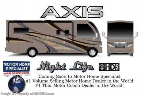 /TX 5/1/14 &lt;a href=&quot;http://www.mhsrv.com/thor-motor-coach/&quot;&gt;&lt;img src=&quot;http://www.mhsrv.com/images/sold-thor.jpg&quot; width=&quot;383&quot; height=&quot;141&quot; border=&quot;0&quot;/&gt;&lt;/a&gt; Thor Motor Coach has done it again with the world&#39;s first RUV! (Recreational Utility Vehicle) Check out the new 2015 Thor Motor Coach Axis RUV Model 24.1 with Slide-Out Room! MSRP $97,053. The Axis combines Style, Function, Affordability &amp; Innovation like no other RV available in the industry today! It is powered by a Ford Triton V-10 engine and built on the Ford E-350 Super Duty chassis providing a lower center of gravity and ease of drivability normally found only in a class C RV, but now available in this mini class A motor home measuring approximately 25 ft. 6 inches. Taking superior drivability even one step further, the Axis will also feature something normally only found in a high-end luxury diesel pusher motor coach... an Independent Front Suspension system! With a style all its own the Axis will provide superior handling and fuel economy and appeal to couples &amp; family RVers as well. The uniquely designed rear twin beds easily convert into a huge oversized master bed. You will also find another full size power drop down bunk with air mattress above the cockpit and a large sofa/sleeper with air mattress complete with cup holders. Amazingly, the Axis not only  pulls off a spacious living room, kitchen &amp; bathroom, but also provides a wealth of closet, drawer and even pass-through exterior storage. Optional equipment includes the HD-Max colored sidewalls and graphics, TV/DVD player combo in bedroom, exterior TV, (2) 12V attic fans, 15.0 BTU A/C upgrade, heated holding tanks and a second auxiliary battery. You will also be pleased to find a host of feature appointments that include tinted and frameless windows, a power patio awning with LED lights, convection microwave (N/A with oven option), 3 burner cooktop, living room TV, LED ceiling lights, Onan 4000 generator, gas/electric water heater, a rear ladder, chrome power and heated mirrors with integrated side-view cameras, back-up camera, 5,000lb. trailer hitch, valve stem extensions, two-tone leatherette furniture and captain&#39;s chairs with designer accents, cabinet doors with designer door fronts and a spacious cockpit design with unparalleled visibility as well as a fold out map/laptop table and an additional cab table that can easily be stored when traveling. Call 800-335-6054 or visit MHSRV .com for more details and sale price. At Motor Home Specialist we DO NOT charge any prep or orientation fees like you will find at other dealerships. All sale prices include a 200 point inspection, interior &amp; exterior wash &amp; detail of vehicle, a thorough coach orientation with an MHS technician, an RV Starter&#39;s kit, a nights stay in our delivery park featuring landscaped and covered pads with full hook-ups and much more! Read From Thousands of Testimonials at MHSRV .com and See What They Had to Say About Their Experience at Motor Home Specialist. WHY PAY MORE?...... WHY SETTLE FOR LESS?