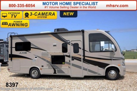 /TX 7/14/14 &lt;a href=&quot;http://www.mhsrv.com/thor-motor-coach/&quot;&gt;&lt;img src=&quot;http://www.mhsrv.com/images/sold-thor.jpg&quot; width=&quot;383&quot; height=&quot;141&quot; border=&quot;0&quot; /&gt;&lt;/a&gt; Family Owned &amp; Operated and the #1 Volume Selling Motor Home Dealer in the World as well as the #1 Thor Motor Coach Dealer in the World. Thor Motor Coach has done it again with the world&#39;s first RUV! (Recreational Utility Vehicle) Check out the new 2015 Thor Motor Coach Axis RUV Model 24.1 with Slide-Out Room! MSRP $97,053. The Axis combines Style, Function, Affordability &amp; Innovation like no other RV available in the industry today! It is powered by a Ford Triton V-10 engine and built on the Ford E-350 Super Duty chassis providing a lower center of gravity and ease of drivability normally found only in a class C RV, but now available in this mini class A motor home measuring approximately 25 ft. 6 inches. Taking superior drivability even one step further, the Axis will also feature something normally only found in a high-end luxury diesel pusher motor coach... an Independent Front Suspension system! With a style all its own the Axis will provide superior handling and fuel economy and appeal to couples &amp; family RVers as well. The uniquely designed rear twin beds easily convert into a huge oversized master bed. You will also find another full size power drop down bunk with air mattress above the cockpit and a large sofa/sleeper with air mattress complete with cup holders. Amazingly, the Axis not only  pulls off a spacious living room, kitchen &amp; bathroom, but also provides a wealth of closet, drawer and even pass-through exterior storage. Optional equipment includes the HD-Max colored sidewalls and graphics, TV/DVD player combo in bedroom, exterior TV, (2) 12V attic fans, 15.0 BTU A/C upgrade, heated holding tanks and a second auxiliary battery. You will also be pleased to find a host of feature appointments that include tinted and frameless windows, a power patio awning with LED lights, convection microwave (N/A with oven option), 3 burner cooktop, living room TV, LED ceiling lights, Onan 4000 generator, gas/electric water heater, a rear ladder, chrome power and heated mirrors with integrated side-view cameras, back-up camera, 5,000lb. trailer hitch, valve stem extensions, two-tone leatherette furniture and captain&#39;s chairs with designer accents, cabinet doors with designer door fronts and a spacious cockpit design with unparalleled visibility as well as a fold out map/laptop table and an additional cab table that can easily be stored when traveling. For additional coach information, brochures, window sticker, videos, photos, Axis reviews &amp; testimonials as well as additional information about Motor Home Specialist and our manufacturers please visit us at MHSRV .com or call 800-335-6054. At Motor Home Specialist we DO NOT charge any prep or orientation fees like you will find at other dealerships. All sale prices include a 200 point inspection, interior &amp; exterior wash &amp; detail of vehicle, a thorough coach orientation with an MHS technician, an RV Starter&#39;s kit, a nights stay in our delivery park featuring landscaped and covered pads with full hook-ups and much more. WHY PAY MORE?... WHY SETTLE FOR LESS?