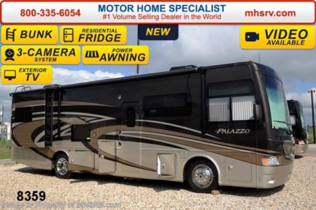 /TX 10/14/14 &lt;a href=&quot;http://www.mhsrv.com/thor-motor-coach/&quot;&gt;&lt;img src=&quot;http://www.mhsrv.com/images/sold-thor.jpg&quot; width=&quot;383&quot; height=&quot;141&quot; border=&quot;0&quot;/&gt;&lt;/a&gt;
Receive a $2,000 VISA Gift Card with purchase from Motor Home Specialist while supplies last. Family Owned &amp; Operated and the #1 Volume Selling Motor Home Dealer in the World as well as the #1 Thor Motor Coach Dealer in the World. &lt;object width=&quot;400&quot; height=&quot;300&quot;&gt;&lt;param name=&quot;movie&quot; value=&quot;//www.youtube.com/v/Es4_N9tAzRs?hl=en_US&amp;amp;version=3&quot;&gt;&lt;/param&gt;&lt;param name=&quot;allowFullScreen&quot; value=&quot;true&quot;&gt;&lt;/param&gt;&lt;param name=&quot;allowscriptaccess&quot; value=&quot;always&quot;&gt;&lt;/param&gt;&lt;embed src=&quot;//www.youtube.com/v/Es4_N9tAzRs?hl=en_US&amp;amp;version=3&quot; type=&quot;application/x-shockwave-flash&quot; width=&quot;400&quot; height=&quot;300&quot; allowscriptaccess=&quot;always&quot; allowfullscreen=&quot;true&quot;&gt;&lt;/embed&gt;&lt;/object&gt;  MSRP $205,508. The New 2015 Thor Motor Coach Palazzo Diesel Pusher. Model 33.3 Bunk House. This Diesel Pusher RV features (2) slide-out rooms including a driver&#39;s side full wall slide, bunk beds, booth dinette with LCD TV, exterior LCD TV, invisible front paint protection &amp; front electric drop-down over head bunk. The 2015 Palazzo also features a 300 HP Cummins diesel engine with 660 lbs. of torque, Freightliner XC chassis, 6000 Onan diesel generator with AGS, power driver&#39;s seat, inverter, LCD TV/DVD, residential refrigerator, solid surface countertops, (2) ducted roof A/C units, 3-camera monitoring system, one piece windshield, fiberglass storage compartments, fully automatic hydraulic leveling system, automatic entry step, electric patio awning with integrated LED lighting and much more.  For additional coach information, brochures, window sticker, videos, photos, Palazzo reviews &amp; testimonials as well as additional information about Motor Home Specialist and our manufacturers please visit us at MHSRV .com or call 800-335-6054. At Motor Home Specialist we DO NOT charge any prep or orientation fees like you will find at other dealerships. All sale prices include a 200 point inspection, interior &amp; exterior wash &amp; detail of vehicle, a thorough coach orientation with an MHS technician, an RV Starter&#39;s kit, a nights stay in our delivery park featuring landscaped and covered pads with full hook-ups and much more. WHY PAY MORE?... WHY SETTLE FOR LESS?
&lt;object width=&quot;400&quot; height=&quot;300&quot;&gt;&lt;param name=&quot;movie&quot; value=&quot;//www.youtube.com/v/8gfPRl905fU?hl=en_US&amp;amp;version=3&quot;&gt;&lt;/param&gt;&lt;param name=&quot;allowFullScreen&quot; value=&quot;true&quot;&gt;&lt;/param&gt;&lt;param name=&quot;allowscriptaccess&quot; value=&quot;always&quot;&gt;&lt;/param&gt;&lt;embed src=&quot;//www.youtube.com/v/8gfPRl905fU?hl=en_US&amp;amp;version=3&quot; type=&quot;application/x-shockwave-flash&quot; width=&quot;400&quot; height=&quot;300&quot; allowscriptaccess=&quot;always&quot; allowfullscreen=&quot;true&quot;&gt;&lt;/embed&gt;&lt;/object&gt;