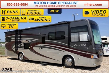 /AL 5-21-15 &lt;a href=&quot;http://www.mhsrv.com/thor-motor-coach/&quot;&gt;&lt;img src=&quot;http://www.mhsrv.com/images/sold-thor.jpg&quot; width=&quot;383&quot; height=&quot;141&quot; border=&quot;0&quot;/&gt;&lt;/a&gt;
Family Owned &amp; Operated and the #1 Volume Selling Motor Home Dealer in the World as well as the #1 Thor Motor Coach Dealer in the World.  &lt;object width=&quot;400&quot; height=&quot;300&quot;&gt;&lt;param name=&quot;movie&quot; value=&quot;//www.youtube.com/v/Es4_N9tAzRs?hl=en_US&amp;amp;version=3&quot;&gt;&lt;/param&gt;&lt;param name=&quot;allowFullScreen&quot; value=&quot;true&quot;&gt;&lt;/param&gt;&lt;param name=&quot;allowscriptaccess&quot; value=&quot;always&quot;&gt;&lt;/param&gt;&lt;embed src=&quot;//www.youtube.com/v/Es4_N9tAzRs?hl=en_US&amp;amp;version=3&quot; type=&quot;application/x-shockwave-flash&quot; width=&quot;400&quot; height=&quot;300&quot; allowscriptaccess=&quot;always&quot; allowfullscreen=&quot;true&quot;&gt;&lt;/embed&gt;&lt;/object&gt;   MSRP $205,508. The New 2015 Thor Motor Coach Palazzo Diesel Pusher. Model 33.3 Bunk House. This Diesel Pusher RV features (2) slide-out rooms including a driver&#39;s side full wall slide, bunk beds, booth dinette with LCD TV, exterior LCD TV, invisible front paint protection &amp; front electric drop-down over head bunk. The 2015 Palazzo also features a 300 HP Cummins diesel engine with 660 lbs. of torque, Freightliner XC chassis, 6000 Onan diesel generator with AGS, power driver&#39;s seat, inverter, LCD TV/DVD, residential refrigerator, solid surface countertops, (2) ducted roof A/C units, 3-camera monitoring system, one piece windshield, fiberglass storage compartments, fully automatic hydraulic leveling system, automatic entry step, electric patio awning with integrated LED lighting and much more.  For additional coach information, brochures, window sticker, videos, photos, Palazzo reviews &amp; testimonials as well as additional information about Motor Home Specialist and our manufacturers please visit us at MHSRV .com or call 800-335-6054. At Motor Home Specialist we DO NOT charge any prep or orientation fees like you will find at other dealerships. All sale prices include a 200 point inspection, interior &amp; exterior wash &amp; detail of vehicle, a thorough coach orientation with an MHS technician, an RV Starter&#39;s kit, a nights stay in our delivery park featuring landscaped and covered pads with full hook-ups and much more. WHY PAY MORE?... WHY SETTLE FOR LESS? &lt;object width=&quot;400&quot; height=&quot;300&quot;&gt;&lt;param name=&quot;movie&quot; value=&quot;//www.youtube.com/v/8gfPRl905fU?hl=en_US&amp;amp;version=3&quot;&gt;&lt;/param&gt;&lt;param name=&quot;allowFullScreen&quot; value=&quot;true&quot;&gt;&lt;/param&gt;&lt;param name=&quot;allowscriptaccess&quot; value=&quot;always&quot;&gt;&lt;/param&gt;&lt;embed src=&quot;//www.youtube.com/v/8gfPRl905fU?hl=en_US&amp;amp;version=3&quot; type=&quot;application/x-shockwave-flash&quot; width=&quot;400&quot; height=&quot;300&quot; allowscriptaccess=&quot;always&quot; allowfullscreen=&quot;true&quot;&gt;&lt;/embed&gt;&lt;/object&gt;