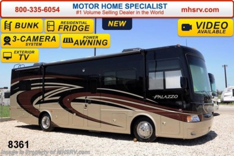/AR 1/19/15 &lt;a href=&quot;http://www.mhsrv.com/thor-motor-coach/&quot;&gt;&lt;img src=&quot;http://www.mhsrv.com/images/sold-thor.jpg&quot; width=&quot;383&quot; height=&quot;141&quot; border=&quot;0&quot; /&gt;&lt;/a&gt;
Receive a $2,000 VISA Gift Card with purchase from Motor Home Specialist while supplies last. MHSRV is donating $1,000 to Cook Children&#39;s Hospital for every new RV sold in the month of December, 2014 helping surpass our 3rd annual goal total of over 1/2 million dollars!  Family Owned &amp; Operated and the #1 Volume Selling Motor Home Dealer in the World as well as the #1 Thor Motor Coach Dealer in the World.  &lt;object width=&quot;400&quot; height=&quot;300&quot;&gt;&lt;param name=&quot;movie&quot; value=&quot;//www.youtube.com/v/Es4_N9tAzRs?hl=en_US&amp;amp;version=3&quot;&gt;&lt;/param&gt;&lt;param name=&quot;allowFullScreen&quot; value=&quot;true&quot;&gt;&lt;/param&gt;&lt;param name=&quot;allowscriptaccess&quot; value=&quot;always&quot;&gt;&lt;/param&gt;&lt;embed src=&quot;//www.youtube.com/v/Es4_N9tAzRs?hl=en_US&amp;amp;version=3&quot; type=&quot;application/x-shockwave-flash&quot; width=&quot;400&quot; height=&quot;300&quot; allowscriptaccess=&quot;always&quot; allowfullscreen=&quot;true&quot;&gt;&lt;/embed&gt;&lt;/object&gt;   MSRP $205,508. The New 2015 Thor Motor Coach Palazzo Diesel Pusher. Model 33.3 Bunk House. This Diesel Pusher RV features (2) slide-out rooms including a driver&#39;s side full wall slide, bunk beds, booth dinette with LCD TV, exterior LCD TV, invisible front paint protection &amp; front electric drop-down over head bunk. The 2015 Palazzo also features a 300 HP Cummins diesel engine with 660 lbs. of torque, Freightliner XC chassis, 6000 Onan diesel generator with AGS, power driver&#39;s seat, inverter, LCD TV/DVD, residential refrigerator, solid surface countertops, (2) ducted roof A/C units, 3-camera monitoring system, one piece windshield, fiberglass storage compartments, fully automatic hydraulic leveling system, automatic entry step, electric patio awning with integrated LED lighting and much more.  For additional coach information, brochures, window sticker, videos, photos, Palazzo reviews &amp; testimonials as well as additional information about Motor Home Specialist and our manufacturers please visit us at MHSRV .com or call 800-335-6054. At Motor Home Specialist we DO NOT charge any prep or orientation fees like you will find at other dealerships. All sale prices include a 200 point inspection, interior &amp; exterior wash &amp; detail of vehicle, a thorough coach orientation with an MHS technician, an RV Starter&#39;s kit, a nights stay in our delivery park featuring landscaped and covered pads with full hook-ups and much more. WHY PAY MORE?... WHY SETTLE FOR LESS? &lt;object width=&quot;400&quot; height=&quot;300&quot;&gt;&lt;param name=&quot;movie&quot; value=&quot;//www.youtube.com/v/8gfPRl905fU?hl=en_US&amp;amp;version=3&quot;&gt;&lt;/param&gt;&lt;param name=&quot;allowFullScreen&quot; value=&quot;true&quot;&gt;&lt;/param&gt;&lt;param name=&quot;allowscriptaccess&quot; value=&quot;always&quot;&gt;&lt;/param&gt;&lt;embed src=&quot;//www.youtube.com/v/8gfPRl905fU?hl=en_US&amp;amp;version=3&quot; type=&quot;application/x-shockwave-flash&quot; width=&quot;400&quot; height=&quot;300&quot; allowscriptaccess=&quot;always&quot; allowfullscreen=&quot;true&quot;&gt;&lt;/embed&gt;&lt;/object&gt;