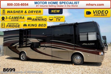 /SOLD 4/8/15 &lt;a href=&quot;http://www.mhsrv.com/thor-motor-coach/&quot;&gt;&lt;img src=&quot;http://www.mhsrv.com/images/sold-thor.jpg&quot; width=&quot;383&quot; height=&quot;141&quot; border=&quot;0&quot;/&gt;&lt;/a&gt; Receive a $2,000 VISA Gift Card with purchase from Motor Home Specialist while supplies last.  &lt;object width=&quot;400&quot; height=&quot;300&quot;&gt;&lt;param name=&quot;movie&quot; value=&quot;//www.youtube.com/v/Es4_N9tAzRs?hl=en_US&amp;amp;version=3&quot;&gt;&lt;/param&gt;&lt;param name=&quot;allowFullScreen&quot; value=&quot;true&quot;&gt;&lt;/param&gt;&lt;param name=&quot;allowscriptaccess&quot; value=&quot;always&quot;&gt;&lt;/param&gt;&lt;embed src=&quot;//www.youtube.com/v/Es4_N9tAzRs?hl=en_US&amp;amp;version=3&quot; type=&quot;application/x-shockwave-flash&quot; width=&quot;400&quot; height=&quot;300&quot; allowscriptaccess=&quot;always&quot; allowfullscreen=&quot;true&quot;&gt;&lt;/embed&gt;&lt;/object&gt; Family Owned &amp; Operated and the #1 Volume Selling Motor Home Dealer in the World as well as the #1 Thor Motor Coach Dealer in the World.  MSRP $215,781. The New 2015 Thor Motor Coach Palazzo Diesel Pusher. Model 35.1. This Diesel Pusher RV features (3) slide-out rooms, dinette with 46 inch  retractable LCD TV, exterior LCD TV, invisible front paint protection &amp; front electric drop-down over head bunk. The 2015 Palazzo also features a 340 HP Cummins diesel engine with 700 lbs. of torque, Freightliner XC chassis, 6000 Onan diesel generator with AGS, power driver&#39;s seat, inverter, LCD TV/DVD, residential refrigerator, solid surface countertops, (2) ducted roof A/C units, 3-camera monitoring system, one piece windshield, fiberglass storage compartments, fully automatic hydraulic leveling system, automatic entry step, electric patio awning with integrated LED lighting and much more.  For additional coach information, brochures, window sticker, videos, photos, Palazzo reviews &amp; testimonials as well as additional information about Motor Home Specialist and our manufacturers please visit us at MHSRV .com or call 800-335-6054. At Motor Home Specialist we DO NOT charge any prep or orientation fees like you will find at other dealerships. All sale prices include a 200 point inspection, interior &amp; exterior wash &amp; detail of vehicle, a thorough coach orientation with an MHS technician, an RV Starter&#39;s kit, a nights stay in our delivery park featuring landscaped and covered pads with full hook-ups and much more. WHY PAY MORE?... WHY SETTLE FOR LESS? &lt;object width=&quot;400&quot; height=&quot;300&quot;&gt;&lt;param name=&quot;movie&quot; value=&quot;//www.youtube.com/v/8gfPRl905fU?hl=en_US&amp;amp;version=3&quot;&gt;&lt;/param&gt;&lt;param name=&quot;allowFullScreen&quot; value=&quot;true&quot;&gt;&lt;/param&gt;&lt;param name=&quot;allowscriptaccess&quot; value=&quot;always&quot;&gt;&lt;/param&gt;&lt;embed src=&quot;//www.youtube.com/v/8gfPRl905fU?hl=en_US&amp;amp;version=3&quot; type=&quot;application/x-shockwave-flash&quot; width=&quot;400&quot; height=&quot;300&quot; allowscriptaccess=&quot;always&quot; allowfullscreen=&quot;true&quot;&gt;&lt;/embed&gt;&lt;/object&gt;