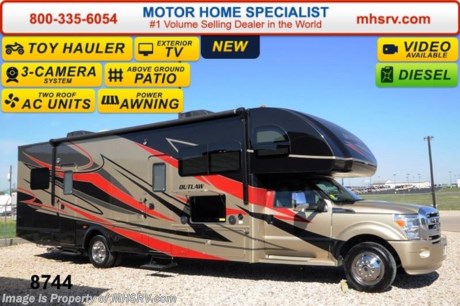 /TX 10/14/14 &lt;a href=&quot;http://www.mhsrv.com/thor-motor-coach/&quot;&gt;&lt;img src=&quot;http://www.mhsrv.com/images/sold-thor.jpg&quot; width=&quot;383&quot; height=&quot;141&quot; border=&quot;0&quot;/&gt;&lt;/a&gt;
2014 CLOSEOUT! Receive a $2,000 VISA Gift Card with purchase from Motor Home Specialist while supplies last.   Sale Price includes $3,000 Factory Rebate for a Limited Time.  Family Owned &amp; Operated and the #1 Volume Selling Motor Home Dealer in the World as well as the #1 Thor Motor Coach Dealer in the World.
&lt;object width=&quot;400&quot; height=&quot;300&quot;&gt;&lt;param name=&quot;movie&quot; value=&quot;http://www.youtube.com/v/fBpsq4hH-Ws?version=3&amp;amp;hl=en_US&quot;&gt;&lt;/param&gt;&lt;param name=&quot;allowFullScreen&quot; value=&quot;true&quot;&gt;&lt;/param&gt;&lt;param name=&quot;allowscriptaccess&quot; value=&quot;always&quot;&gt;&lt;/param&gt;&lt;embed src=&quot;http://www.youtube.com/v/fBpsq4hH-Ws?version=3&amp;amp;hl=en_US&quot; type=&quot;application/x-shockwave-flash&quot; width=&quot;400&quot; height=&quot;300&quot; allowscriptaccess=&quot;always&quot; allowfullscreen=&quot;true&quot;&gt;&lt;/embed&gt;&lt;/object&gt;
MSRP $177,281. New 2014 Thor Motor Coach Outlaw Toy Hauler. Model 35SG with slide-out and a 6.7L V8 PowerStroke Turbo diesel engine with 300HP and 660 lb-ft torque, Ford F-550 SuperDuty chassis, 10,000lb. hitch and a garage door that converts to an outside patio deck. This unit measures approximately 36 feet 9 inches in length. Optional equipment includes the beautiful Tango Red full body paint exterior, exterior entertainment center, dual child safety tethers, (2) 12V attic fans, a 6.0 Onan diesel generator and 2 fold down leatherette sofas in the garage. The Outlaw toy hauler RV has an incredible list of standard features including beautiful wood &amp; interior decor packages, large swivel TV in the cab over bunk area, solid surface kitchen countertop, 3 burner range with oven, gas/electric water heater, heated holding tanks, flat panel TV in the garage, power patio awning, heated remote exterior mirrors frameless windows, fully automatic hydraulic leveling system and much more. For additional photos, details, videos &amp; SALE PRICE please visit Motor Home Specialist; the #1 Volume Selling Dealer in the World at MHSRV .com or Call 800-335-6054. At Motor Home Specialist we DO NOT charge any prep or orientation fees like you will find at other dealerships. All sale prices include a 200 point inspection, interior &amp; exterior wash &amp; detail of vehicle, a thorough coach orientation with an MHS technician, an RV Starter&#39;s kit, a nights stay in our delivery park featuring landscaped and covered pads with full hook-ups and much more! Read From Thousands of Testimonials at MHSRV .com and See What They Had to Say About Their Experience at Motor Home Specialist. WHY PAY MORE?...... WHY SETTLE FOR LESS?  &lt;object width=&quot;400&quot; height=&quot;300&quot;&gt;&lt;param name=&quot;movie&quot; value=&quot;//www.youtube.com/v/ldulGxRJhyo?version=3&amp;amp;hl=en_US&quot;&gt;&lt;/param&gt;&lt;param name=&quot;allowFullScreen&quot; value=&quot;true&quot;&gt;&lt;/param&gt;&lt;param name=&quot;allowscriptaccess&quot; value=&quot;always&quot;&gt;&lt;/param&gt;&lt;embed src=&quot;//www.youtube.com/v/ldulGxRJhyo?version=3&amp;amp;hl=en_US&quot; type=&quot;application/x-shockwave-flash&quot; width=&quot;400&quot; height=&quot;300&quot; allowscriptaccess=&quot;always&quot; allowfullscreen=&quot;true&quot;&gt;&lt;/embed&gt;&lt;/object&gt;