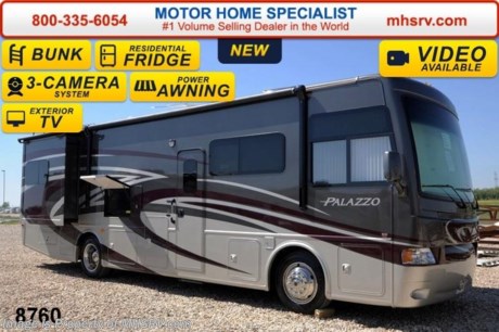 /TX 6/9/2014 &lt;a href=&quot;http://www.mhsrv.com/thor-motor-coach/&quot;&gt;&lt;img src=&quot;http://www.mhsrv.com/images/sold-thor.jpg&quot; width=&quot;383&quot; height=&quot;141&quot; border=&quot;0&quot;/&gt;&lt;/a&gt; 2014 CLOSEOUT! Receive a $1,000 VISA Gift Card with purchase from Motor Home Specialist while supplies last!  Visit MHSRV .com or Call 800-335-6054 for complete details.      &lt;object width=&quot;400&quot; height=&quot;300&quot;&gt;&lt;param name=&quot;movie&quot; value=&quot;//www.youtube.com/v/lox2FKllvBE?version=3&amp;amp;hl=en_US&quot;&gt;&lt;/param&gt;&lt;param name=&quot;allowFullScreen&quot; value=&quot;true&quot;&gt;&lt;/param&gt;&lt;param name=&quot;allowscriptaccess&quot; value=&quot;always&quot;&gt;&lt;/param&gt;&lt;embed src=&quot;//www.youtube.com/v/lox2FKllvBE?version=3&amp;amp;hl=en_US&quot; type=&quot;application/x-shockwave-flash&quot; width=&quot;400&quot; height=&quot;300&quot; allowscriptaccess=&quot;always&quot; allowfullscreen=&quot;true&quot;&gt;&lt;/embed&gt;&lt;/object&gt; Family Owned &amp; Operated and the #1 Volume Selling Motor Home Dealer in the World as well as the #1 Thor Motor Coach Dealer in the World.  MSRP $204,608. All New 2014 Thor Motor Coach Palazzo Diesel Pusher. Model 33.3. This Diesel Pusher RV features (2) slide-out rooms including a driver&#39;s side full wall slide, bunk beds, booth dinette with LCD TV, exterior LCD TV, invisible front paint protection &amp; front electric drop-down over head bunk. The 2014 Palazzo also features a 300 HP Cummins diesel engine with 660 lbs. of torque, Freightliner XC chassis, 6000 Onan diesel generator with AGS, power driver&#39;s seat, inverter, LCD TV/DVD, residential refrigerator, solid surface countertops, (2) ducted roof A/C units, 3-camera monitoring system, one piece windshield, fiberglass storage compartments, fully automatic hydraulic leveling system, automatic entry step, electric patio awning and much more. For additional coach information, brochures, window sticker, videos, photos, Palazzo reviews &amp; testimonials as well as additional information about Motor Home Specialist and our manufacturers please visit us at MHSRV .com or call 800-335-6054. At Motor Home Specialist we DO NOT charge any prep or orientation fees like you will find at other dealerships. All sale prices include a 200 point inspection, interior &amp; exterior wash &amp; detail of vehicle, a thorough coach orientation with an MHS technician, an RV Starter&#39;s kit, a nights stay in our delivery park featuring landscaped and covered pads with full hook-ups and much more. WHY PAY MORE?... WHY SETTLE FOR LESS?