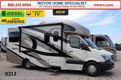 /SOLD 9/25/14 
World&#39;s RV Show Sale Priced Now Through Sept 6th. Call 800-335-6054 for Details.  MSRP $129,333. New 2015 Thor Motor Coach Four Winds Siesta Sprinter Diesel. Model 24SR. This RV measures approximately 24 ft. 10 in. in length &amp; features 2 slide-out rooms, frameless windows and a large mid-ship TV on a slide. Optional equipment includes the beautiful full body paint exterior, LCD TV in bedroom, wood dash appliqu&#233;, 12V attic fan, holding tanks with heat pads, diesel generator, exterior TV &amp; second auxiliary battery.  The all new 2015 Four Winds Siesta Sprinter also features a turbo diesel engine, AM/FM/CD, power windows &amp; locks, keyless entry &amp; much more. For additional coach information, brochure, window sticker, videos, photos, Four Winds customer reviews &amp; testimonials please visit Motor Home Specialist at MHSRV .com or call 800-335-6054. At MHS we DO NOT charge any prep or orientation fees like you will find at other dealerships. All sale prices include a 200 point inspection, interior &amp; exterior wash &amp; detail of vehicle, a thorough coach orientation with an MHS technician, an RV Starter&#39;s kit, a nights stay in our delivery park featuring landscaped and covered pads with full hook-ups and much more. WHY PAY MORE?... WHY SETTLE FOR LESS?