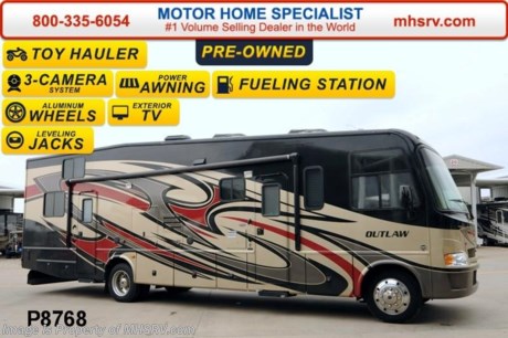 /NB 5/30/2014 &lt;a href=&quot;http://www.mhsrv.com/thor-motor-coach/&quot;&gt;&lt;img src=&quot;http://www.mhsrv.com/images/sold-thor.jpg&quot; width=&quot;383&quot; height=&quot;141&quot; border=&quot;0&quot;/&gt;&lt;/a&gt; Pre-Owned 2013 Thor Motor Coach Outlaw Toy Hauler. Model 3611 with slide-out room and Ford 22-Series chassis with Triton V-10 engine &amp; high polished aluminum wheels. This unit measures approximately 37 feet 4 inches in length. Equipment includes an electric queen lift bed in garage, full body exterior paint job, beautiful wood &amp; interior decor packages, (5) LCD TVs including and exterior entertainment center, large living room LCD TV, side door TV for viewing while traveling, LCD TV in loft and LCD TV in garage. You will also find a theater sound system in the living room with hidden sub woofer, stereo in garage, exterior stereo speakers and audio controls, power patio awing, dual side entrance doors, dual pane windows, fueling station, 1-piece windshield,  a 5500 Onan generator, back-up camera, automatic leveling system, Soft Touch leather furniture, hide-a-bed sofa with power inflate &amp; deflate controls, day/night shades and much more. 
