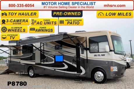 /AR 4/24/14 &lt;a href=&quot;http://www.mhsrv.com/thor-motor-coach/&quot;&gt;&lt;img src=&quot;http://www.mhsrv.com/images/sold-thor.jpg&quot; width=&quot;383&quot; height=&quot;141&quot; border=&quot;0&quot;/&gt;&lt;/a&gt; 2014 Thor Motor Coach Outlaw Toy Hauler. Model 37MD with 2 slide-out rooms and Ford 24-Series chassis with Triton V-10 engine, U-shaped dinette booth &amp; high polished aluminum wheels. This unit measures approximately 38 feet 7 inches in length. Equipment includes an electric overhead hide-away bunk, dual cargo sofas in garage area, drop down ramp door with spring assist &amp; railing for patio use. The Outlaw toy hauler RV has an incredible list of standard features for 2014 including a full body exterior paint job, beautiful wood &amp; interior decor packages, (5) LCD TVs including an exterior entertainment center, LCD TV in loft and LCD TV in garage. You will also find a theater sound system in the living room with hidden sub woofer, stereo in garage, exterior stereo speakers and audio controls, power patio awing, dual side entrance doors, dual pane windows, fueling station, 1-piece windshield,  a 5500 Onan generator, back-up camera, automatic leveling system, Soft Touch leather furniture, hide-a-bed sofa with power inflate &amp; deflate controls, day/night shades and much more. FOR ADDITIONAL INFORMATION &amp; PRODUCT VIDEO PLEASE VISIT MOTOR HOME SPECIALIST AT MHSRV .COM or CALL 800-335-6054. 