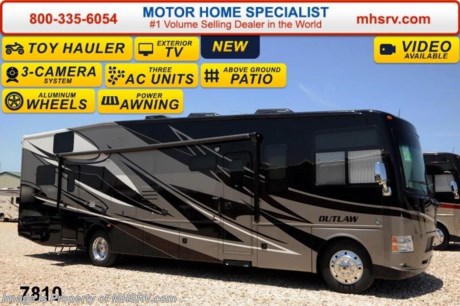 /TX 5/30/2014 &lt;a href=&quot;http://www.mhsrv.com/thor-motor-coach/&quot;&gt;&lt;img src=&quot;http://www.mhsrv.com/images/sold-thor.jpg&quot; width=&quot;383&quot; height=&quot;141&quot; border=&quot;0&quot;/&gt;&lt;/a&gt; &lt;object width=&quot;400&quot; height=&quot;300&quot;&gt;&lt;param name=&quot;movie&quot; value=&quot;//www.youtube.com/v/IgC0KTermZs?version=3&amp;amp;hl=en_US&quot;&gt;&lt;/param&gt;&lt;param name=&quot;allowFullScreen&quot; value=&quot;true&quot;&gt;&lt;/param&gt;&lt;param name=&quot;allowscriptaccess&quot; value=&quot;always&quot;&gt;&lt;/param&gt;&lt;embed src=&quot;//www.youtube.com/v/IgC0KTermZs?version=3&amp;amp;hl=en_US&quot; type=&quot;application/x-shockwave-flash&quot; width=&quot;400&quot; height=&quot;300&quot; allowscriptaccess=&quot;always&quot; allowfullscreen=&quot;true&quot;&gt;&lt;/embed&gt;&lt;/object&gt;   MSRP $174,294. New 2015 Thor Motor Coach Outlaw Toy Hauler. Model 37LS with slide-out room, Ford 26-Series chassis with Triton V-10 engine, frameless windows, high polished aluminum wheels, as well as drop down ramp door with spring assist &amp; railing for patio use. This unit measures approximately 38 feet 4 inches in length. Options include the beautiful full body exterior, an electric overhead hide-away bunk, dual cargo sofas in garage area and frameless dual pane windows. The Outlaw toy hauler RV has an incredible list of standard features for 2015 including beautiful wood &amp; interior decor packages, (4) LCD TVs including an exterior entertainment center, large living room LCD TV on slide-out, LCD TV in loft and LCD TV in garage. You will also find a premium sound system, (3) A/C units, Bluetooth enable coach radio system with exterior speakers, power patio awing with integrated LED lighting, dual side entrance doors, fueling station, 1-piece windshield, a 5500 Onan generator, 3 camera monitoring system, automatic leveling system, Soft Touch leather furniture, leatherette sofa with sleeper, day/night shades and much more. For additional coach information, brochure, window sticker, videos, photos &amp; reviews &amp; testimonials please visit Motor Home Specialist at MHSRV .com or call 800-335-6054. At MHS we DO NOT charge any prep or orientation fees like you will find at other dealerships. All sale prices include a 200 point inspection, interior &amp; exterior wash &amp; detail of vehicle, a thorough coach orientation with an MHS technician, an RV Starter&#39;s kit, a nights stay in our delivery park featuring landscaped and covered pads with full hook-ups and much more. WHY PAY MORE?... WHY SETTLE FOR LESS?