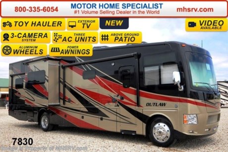 /TX 7/14/14 &lt;a href=&quot;http://www.mhsrv.com/thor-motor-coach/&quot;&gt;&lt;img src=&quot;http://www.mhsrv.com/images/sold-thor.jpg&quot; width=&quot;383&quot; height=&quot;141&quot; border=&quot;0&quot; /&gt;&lt;/a&gt; Sale Price at MHSRV .com or Call 800-335-6054.  Family Owned &amp; Operated and the #1 Volume Selling Motor Home Dealer in the World as well as the #1 Thor Motor Coach Dealer in the World. &lt;object width=&quot;400&quot; height=&quot;300&quot;&gt;&lt;param name=&quot;movie&quot; value=&quot;//www.youtube.com/v/IgC0KTermZs?version=3&amp;amp;hl=en_US&quot;&gt;&lt;/param&gt;&lt;param name=&quot;allowFullScreen&quot; value=&quot;true&quot;&gt;&lt;/param&gt;&lt;param name=&quot;allowscriptaccess&quot; value=&quot;always&quot;&gt;&lt;/param&gt;&lt;embed src=&quot;//www.youtube.com/v/IgC0KTermZs?version=3&amp;amp;hl=en_US&quot; type=&quot;application/x-shockwave-flash&quot; width=&quot;400&quot; height=&quot;300&quot; allowscriptaccess=&quot;always&quot; allowfullscreen=&quot;true&quot;&gt;&lt;/embed&gt;&lt;/object&gt;   MSRP $180,294. New 2015 Thor Motor Coach Outlaw Toy Hauler. Model 37MD with 2 slide-out rooms, Ford 26-Series chassis with Triton V-10 engine, frameless windows, high polished aluminum wheels, as well as drop down ramp door with spring assist &amp; railing for patio use. This unit measures approximately 38 feet 7 inches in length. Options include the beautiful full body exterior, an electric overhead hide-away bunk, dual cargo sofas in garage area and frameless dual pane windows. The Outlaw toy hauler RV has an incredible list of standard features for 2015 including beautiful wood &amp; interior decor packages, (5) LCD TVs including an exterior entertainment center, large living room LCD TV, LCD TV in loft, LCD TV in second living room and LCD TV in garage. You will also find a premium sound system, (3) A/C units, Bluetooth enable coach radio system with exterior speakers, power patio awing with integrated LED lighting, dual side entrance doors, fueling station, 1-piece windshield, a 5500 Onan generator, 3 camera monitoring system, automatic leveling system, Soft Touch leather furniture, leatherette sofa with sleeper, day/night shades and much more. For additional coach information, brochure, window sticker, videos, photos &amp; reviews &amp; testimonials please visit Motor Home Specialist at MHSRV .com or call 800-335-6054. At MHS we DO NOT charge any prep or orientation fees like you will find at other dealerships. All sale prices include a 200 point inspection, interior &amp; exterior wash &amp; detail of vehicle, a thorough coach orientation with an MHS technician, an RV Starter&#39;s kit, a nights stay in our delivery park featuring landscaped and covered pads with full hook-ups and much more. WHY PAY MORE?... WHY SETTLE FOR LESS?
