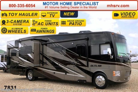 /FL 8/25/14 &lt;a href=&quot;http://www.mhsrv.com/thor-motor-coach/&quot;&gt;&lt;img src=&quot;http://www.mhsrv.com/images/sold-thor.jpg&quot; width=&quot;383&quot; height=&quot;141&quot; border=&quot;0&quot;/&gt;&lt;/a&gt; World&#39;s RV Show Sale Priced Now Through Sept 6th. Call 800-335-6054 for Details. Family Owned &amp; Operated and the #1 Volume Selling Motor Home Dealer in the World as well as the #1 Thor Motor Coach Dealer in the World. &lt;object width=&quot;400&quot; height=&quot;300&quot;&gt;&lt;param name=&quot;movie&quot; value=&quot;//www.youtube.com/v/IgC0KTermZs?version=3&amp;amp;hl=en_US&quot;&gt;&lt;/param&gt;&lt;param name=&quot;allowFullScreen&quot; value=&quot;true&quot;&gt;&lt;/param&gt;&lt;param name=&quot;allowscriptaccess&quot; value=&quot;always&quot;&gt;&lt;/param&gt;&lt;embed src=&quot;//www.youtube.com/v/IgC0KTermZs?version=3&amp;amp;hl=en_US&quot; type=&quot;application/x-shockwave-flash&quot; width=&quot;400&quot; height=&quot;300&quot; allowscriptaccess=&quot;always&quot; allowfullscreen=&quot;true&quot;&gt;&lt;/embed&gt;&lt;/object&gt;   MSRP $180,294. New 2015 Thor Motor Coach Outlaw Toy Hauler. Model 37MD with 2 slide-out rooms, Ford 26-Series chassis with Triton V-10 engine, frameless windows, high polished aluminum wheels, as well as drop down ramp door with spring assist &amp; railing for patio use. This unit measures approximately 38 feet 7 inches in length. Options include the beautiful full body exterior, an electric overhead hide-away bunk, dual cargo sofas in garage area and frameless dual pane windows. The Outlaw toy hauler RV has an incredible list of standard features for 2015 including beautiful wood &amp; interior decor packages, (5) LCD TVs including an exterior entertainment center, large living room LCD TV, LCD TV in loft, LCD TV in second living room and LCD TV in garage. You will also find a premium sound system, (3) A/C units, Bluetooth enable coach radio system with exterior speakers, power patio awing with integrated LED lighting, dual side entrance doors, fueling station, 1-piece windshield, a 5500 Onan generator, 3 camera monitoring system, automatic leveling system, Soft Touch leather furniture, leatherette sofa with sleeper, day/night shades and much more. For additional coach information, brochure, window sticker, videos, photos &amp; reviews &amp; testimonials please visit Motor Home Specialist at MHSRV .com or call 800-335-6054. At MHS we DO NOT charge any prep or orientation fees like you will find at other dealerships. All sale prices include a 200 point inspection, interior &amp; exterior wash &amp; detail of vehicle, a thorough coach orientation with an MHS technician, an RV Starter&#39;s kit, a nights stay in our delivery park featuring landscaped and covered pads with full hook-ups and much more. WHY PAY MORE?... WHY SETTLE FOR LESS?