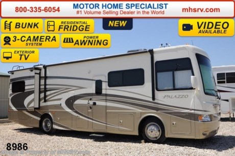 /SOLD 9/25/14
PRICE INCLUDES $5,000 FACTORY REBATE. Offer Ends Sept. 30th, 2014.  World&#39;s RV Show Sale Priced Now Through Sept 6th. Call 800-335-6054 for Details. &lt;object width=&quot;400&quot; height=&quot;300&quot;&gt;&lt;param name=&quot;movie&quot; value=&quot;//www.youtube.com/v/8gfPRl905fU?hl=en_US&amp;amp;version=3&quot;&gt;&lt;/param&gt;&lt;param name=&quot;allowFullScreen&quot; value=&quot;true&quot;&gt;&lt;/param&gt;&lt;param name=&quot;allowscriptaccess&quot; value=&quot;always&quot;&gt;&lt;/param&gt;&lt;embed src=&quot;//www.youtube.com/v/8gfPRl905fU?hl=en_US&amp;amp;version=3&quot; type=&quot;application/x-shockwave-flash&quot; width=&quot;400&quot; height=&quot;300&quot; allowscriptaccess=&quot;always&quot; allowfullscreen=&quot;true&quot;&gt;&lt;/embed&gt;&lt;/object&gt;  &lt;object width=&quot;400&quot; height=&quot;300&quot;&gt;&lt;param name=&quot;movie&quot; value=&quot;//www.youtube.com/v/lox2FKllvBE?version=3&amp;amp;hl=en_US&quot;&gt;&lt;/param&gt;&lt;param name=&quot;allowFullScreen&quot; value=&quot;true&quot;&gt;&lt;/param&gt;&lt;param name=&quot;allowscriptaccess&quot; value=&quot;always&quot;&gt;&lt;/param&gt;&lt;embed src=&quot;//www.youtube.com/v/lox2FKllvBE?version=3&amp;amp;hl=en_US&quot; type=&quot;application/x-shockwave-flash&quot; width=&quot;400&quot; height=&quot;300&quot; allowscriptaccess=&quot;always&quot; allowfullscreen=&quot;true&quot;&gt;&lt;/embed&gt;&lt;/object&gt;  MSRP $204,608. All New 2014 Thor Motor Coach Palazzo Diesel Pusher. Model 33.3. This Diesel Pusher RV features (2) slide-out rooms including a driver&#39;s side full wall slide, bunk beds, booth dinette with LCD TV, exterior LCD TV, invisible front paint protection &amp; front electric drop-down over head bunk. The 2014 Palazzo also features a 300 HP Cummins diesel engine with 660 lbs. of torque, Freightliner XC chassis, 6000 Onan diesel generator with AGS, power driver&#39;s seat, inverter, LCD TV/DVD, residential refrigerator, solid surface countertops, (2) ducted roof A/C units, 3-camera monitoring system, one piece windshield, fiberglass storage compartments, fully automatic hydraulic leveling system, automatic entry step, electric patio awning and much more. For additional coach information, brochures, window sticker, videos, photos, Palazzo reviews &amp; testimonials as well as additional information about Motor Home Specialist and our manufacturers please visit us at MHSRV .com or call 800-335-6054. At Motor Home Specialist we DO NOT charge any prep or orientation fees like you will find at other dealerships. All sale prices include a 200 point inspection, interior &amp; exterior wash &amp; detail of vehicle, a thorough coach orientation with an MHS technician, an RV Starter&#39;s kit, a nights stay in our delivery park featuring landscaped and covered pads with full hook-ups and much more. WHY PAY MORE?... WHY SETTLE FOR LESS?