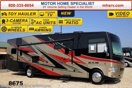 /TX 10/15/14 &lt;a href=&quot;http://www.mhsrv.com/thor-motor-coach/&quot;&gt;&lt;img src=&quot;http://www.mhsrv.com/images/sold-thor.jpg&quot; width=&quot;383&quot; height=&quot;141&quot; border=&quot;0&quot;/&gt;&lt;/a&gt;
Family Owned &amp; Operated and the #1 Volume Selling Motor Home Dealer in the World as well as the #1 Thor Motor Coach Dealer in the World.  &lt;object width=&quot;400&quot; height=&quot;300&quot;&gt;&lt;param name=&quot;movie&quot; value=&quot;//www.youtube.com/v/IgC0KTermZs?version=3&amp;amp;hl=en_US&quot;&gt;&lt;/param&gt;&lt;param name=&quot;allowFullScreen&quot; value=&quot;true&quot;&gt;&lt;/param&gt;&lt;param name=&quot;allowscriptaccess&quot; value=&quot;always&quot;&gt;&lt;/param&gt;&lt;embed src=&quot;//www.youtube.com/v/IgC0KTermZs?version=3&amp;amp;hl=en_US&quot; type=&quot;application/x-shockwave-flash&quot; width=&quot;400&quot; height=&quot;300&quot; allowscriptaccess=&quot;always&quot; allowfullscreen=&quot;true&quot;&gt;&lt;/embed&gt;&lt;/object&gt;   MSRP $174,264. New 2015 Thor Motor Coach Outlaw Toy Hauler. Model 37LS with slide-out room, Ford 26-Series chassis with Triton V-10 engine, frameless windows, high polished aluminum wheels, as well as drop down ramp door with spring assist &amp; railing for patio use. This unit measures approximately 38 feet 4 inches in length. Options include the beautiful full body exterior, an electric overhead hide-away bunk, dual cargo sofas in garage area and frameless dual pane windows. The Outlaw toy hauler RV has an incredible list of standard features for 2015 including beautiful wood &amp; interior decor packages, (4) LCD TVs including an exterior entertainment center, large living room LCD TV on slide-out, LCD TV in loft and LCD TV in garage. You will also find a premium sound system, (3) A/C units, Bluetooth enable coach radio system with exterior speakers, power patio awing with integrated LED lighting, dual side entrance doors, fueling station, 1-piece windshield, a 5500 Onan generator, 3 camera monitoring system, automatic leveling system, Soft Touch leather furniture, leatherette sofa with sleeper, day/night shades and much more. For additional coach information, brochures, window sticker, videos, photos, Outlaw reviews &amp; testimonials as well as additional information about Motor Home Specialist and our manufacturers please visit us at MHSRV .com or call 800-335-6054. At Motor Home Specialist we DO NOT charge any prep or orientation fees like you will find at other dealerships. All sale prices include a 200 point inspection, interior &amp; exterior wash &amp; detail of vehicle, a thorough coach orientation with an MHS technician, an RV Starter&#39;s kit, a nights stay in our delivery park featuring landscaped and covered pads with full hook-ups and much more. WHY PAY MORE?... WHY SETTLE FOR LESS? &lt;object width=&quot;400&quot; height=&quot;300&quot;&gt;&lt;param name=&quot;movie&quot; value=&quot;//www.youtube.com/v/VZXdH99Xe00?hl=en_US&amp;amp;version=3&quot;&gt;&lt;/param&gt;&lt;param name=&quot;allowFullScreen&quot; value=&quot;true&quot;&gt;&lt;/param&gt;&lt;param name=&quot;allowscriptaccess&quot; value=&quot;always&quot;&gt;&lt;/param&gt;&lt;embed src=&quot;//www.youtube.com/v/VZXdH99Xe00?hl=en_US&amp;amp;version=3&quot; type=&quot;application/x-shockwave-flash&quot; width=&quot;400&quot; height=&quot;300&quot; allowscriptaccess=&quot;always&quot; allowfullscreen=&quot;true&quot;&gt;&lt;/embed&gt;&lt;/object&gt;
