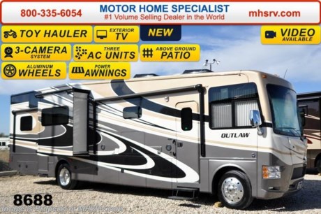 /TX 6-4-15 &lt;a href=&quot;http://www.mhsrv.com/thor-motor-coach/&quot;&gt;&lt;img src=&quot;http://www.mhsrv.com/images/sold-thor.jpg&quot; width=&quot;383&quot; height=&quot;141&quot; border=&quot;0&quot;/&gt;&lt;/a&gt;
Receive a $2,000 VISA Gift Card with purchase from Motor Home Specialist while supplies last.  Family Owned &amp; Operated and the #1 Volume Selling Motor Home Dealer in the World as well as the #1 Thor Motor Coach Dealer in the World. &lt;object width=&quot;400&quot; height=&quot;300&quot;&gt;&lt;param name=&quot;movie&quot; value=&quot;//www.youtube.com/v/IgC0KTermZs?version=3&amp;amp;hl=en_US&quot;&gt;&lt;/param&gt;&lt;param name=&quot;allowFullScreen&quot; value=&quot;true&quot;&gt;&lt;/param&gt;&lt;param name=&quot;allowscriptaccess&quot; value=&quot;always&quot;&gt;&lt;/param&gt;&lt;embed src=&quot;//www.youtube.com/v/IgC0KTermZs?version=3&amp;amp;hl=en_US&quot; type=&quot;application/x-shockwave-flash&quot; width=&quot;400&quot; height=&quot;300&quot; allowscriptaccess=&quot;always&quot; allowfullscreen=&quot;true&quot;&gt;&lt;/embed&gt;&lt;/object&gt;   MSRP $181,419. New 2015 Thor Motor Coach Outlaw Toy Hauler. Model 37MD with 2 slide-out rooms, Ford 26-Series chassis with Triton V-10 engine, frameless windows, high polished aluminum wheels, as well as drop down ramp door with spring assist &amp; railing for patio use. This unit measures approximately 38 feet 7 inches in length. Options include the beautiful full body exterior, an electric overhead hide-away bunk, dual cargo sofas in garage area and frameless dual pane windows. The Outlaw toy hauler RV has an incredible list of standard features for 2015 including beautiful wood &amp; interior decor packages, (5) LCD TVs including an exterior entertainment center, large living room LCD TV, LCD TV in loft, LCD TV in second living room and LCD TV in garage. You will also find a premium sound system, (3) A/C units, Bluetooth enable coach radio system with exterior speakers, power patio awing with integrated LED lighting, dual side entrance doors, fueling station, 1-piece windshield, a 5500 Onan generator, 3 camera monitoring system, automatic leveling system, Soft Touch leather furniture, leatherette sofa with sleeper, day/night shades and much more. For additional coach information, brochures, window sticker, videos, photos, Outlaw reviews &amp; testimonials as well as additional information about Motor Home Specialist and our manufacturers please visit us at MHSRV .com or call 800-335-6054. At Motor Home Specialist we DO NOT charge any prep or orientation fees like you will find at other dealerships. All sale prices include a 200 point inspection, interior &amp; exterior wash &amp; detail of vehicle, a thorough coach orientation with an MHS technician, an RV Starter&#39;s kit, a nights stay in our delivery park featuring landscaped and covered pads with full hook-ups and much more. WHY PAY MORE?... WHY SETTLE FOR LESS? &lt;object width=&quot;400&quot; height=&quot;300&quot;&gt;&lt;param name=&quot;movie&quot; value=&quot;//www.youtube.com/v/VZXdH99Xe00?hl=en_US&amp;amp;version=3&quot;&gt;&lt;/param&gt;&lt;param name=&quot;allowFullScreen&quot; value=&quot;true&quot;&gt;&lt;/param&gt;&lt;param name=&quot;allowscriptaccess&quot; value=&quot;always&quot;&gt;&lt;/param&gt;&lt;embed src=&quot;//www.youtube.com/v/VZXdH99Xe00?hl=en_US&amp;amp;version=3&quot; type=&quot;application/x-shockwave-flash&quot; width=&quot;400&quot; height=&quot;300&quot; allowscriptaccess=&quot;always&quot; allowfullscreen=&quot;true&quot;&gt;&lt;/embed&gt;&lt;/object&gt;