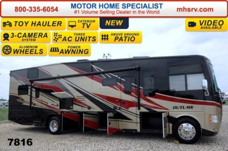 /AR 8/25/14 &lt;a href=&quot;http://www.mhsrv.com/thor-motor-coach/&quot;&gt;&lt;img src=&quot;http://www.mhsrv.com/images/sold-thor.jpg&quot; width=&quot;383&quot; height=&quot;141&quot; border=&quot;0&quot;/&gt;&lt;/a&gt; World&#39;s RV Show Sale Priced Now Through Sept 6th. Call 800-335-6054 for Details.  Family Owned &amp; Operated and the #1 Volume Selling Motor Home Dealer in the World as well as the #1 Thor Motor Coach Dealer in the World.  &lt;object width=&quot;400&quot; height=&quot;300&quot;&gt;&lt;param name=&quot;movie&quot; value=&quot;//www.youtube.com/v/IgC0KTermZs?version=3&amp;amp;hl=en_US&quot;&gt;&lt;/param&gt;&lt;param name=&quot;allowFullScreen&quot; value=&quot;true&quot;&gt;&lt;/param&gt;&lt;param name=&quot;allowscriptaccess&quot; value=&quot;always&quot;&gt;&lt;/param&gt;&lt;embed src=&quot;//www.youtube.com/v/IgC0KTermZs?version=3&amp;amp;hl=en_US&quot; type=&quot;application/x-shockwave-flash&quot; width=&quot;400&quot; height=&quot;300&quot; allowscriptaccess=&quot;always&quot; allowfullscreen=&quot;true&quot;&gt;&lt;/embed&gt;&lt;/object&gt;   MSRP $174,444. New 2015 Thor Motor Coach Outlaw Toy Hauler. Model 37LS with slide-out room, Ford 26-Series chassis with Triton V-10 engine, frameless windows, high polished aluminum wheels, as well as drop down ramp door with spring assist &amp; railing for patio use. This unit measures approximately 38 feet 4 inches in length. Options include the beautiful full body exterior, an electric overhead hide-away bunk, dual cargo sofas in garage area and frameless dual pane windows. The Outlaw toy hauler RV has an incredible list of standard features for 2015 including beautiful wood &amp; interior decor packages, (4) LCD TVs including an exterior entertainment center, large living room LCD TV on slide-out, LCD TV in loft and LCD TV in garage. You will also find a premium sound system, (3) A/C units, Bluetooth enable coach radio system with exterior speakers, power patio awing with integrated LED lighting, dual side entrance doors, fueling station, 1-piece windshield, a 5500 Onan generator, 3 camera monitoring system, automatic leveling system, Soft Touch leather furniture, leatherette sofa with sleeper, day/night shades and much more. For additional coach information, brochures, window sticker, videos, photos, Outlaw reviews &amp; testimonials as well as additional information about Motor Home Specialist and our manufacturers please visit us at MHSRV .com or call 800-335-6054. At Motor Home Specialist we DO NOT charge any prep or orientation fees like you will find at other dealerships. All sale prices include a 200 point inspection, interior &amp; exterior wash &amp; detail of vehicle, a thorough coach orientation with an MHS technician, an RV Starter&#39;s kit, a nights stay in our delivery park featuring landscaped and covered pads with full hook-ups and much more. WHY PAY MORE?... WHY SETTLE FOR LESS?