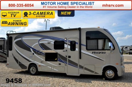 /TX 9-1-15 &lt;a href=&quot;http://www.mhsrv.com/thor-motor-coach/&quot;&gt;&lt;img src=&quot;http://www.mhsrv.com/images/sold-thor.jpg&quot; width=&quot;383&quot; height=&quot;141&quot; border=&quot;0&quot;/&gt;&lt;/a&gt;
World&#39;s RV Show Sale Priced Now Through Sept 12, 2015. Call 800-335-6054 for Details.  Family Owned &amp; Operated and the #1 Volume Selling Motor Home Dealer in the World as well as the #1 Thor Motor Coach Dealer in the World. &lt;iframe width=&quot;400&quot; height=&quot;300&quot; src=&quot;https://www.youtube.com/embed/l1UfqXd9S_4&quot; frameborder=&quot;0&quot; allowfullscreen&gt;&lt;/iframe&gt; Thor Motor Coach has done it again with the world&#39;s first RUV! (Recreational Utility Vehicle) Check out the new 2015 Thor Motor Coach Vegas RUV Model 25.1 with Slide-Out Room! MSRP $98,996. The Vegas combines Style, Function, Affordability &amp; Innovation like no other RV available in the industry today! It is powered by a Ford Triton V-10 engine and built on the Ford E-350 Super Duty chassis providing a lower center of gravity and ease of drivability normally found only in a class C RV, but now available in this mini class A motorhome measuring approximately 26 ft. 6 inches. Taking superior drivability even one step further, the Vegas will also feature something normally only found in a high-end luxury diesel pusher motor coach... an Independent Front Suspension system! With a style all its own the Vegas will provide superior handling and fuel economy and appeal to couples &amp; family RVers as well. The uniquely designed rear corner sofa expands into a large 54 by 74 inch sleeping area complete with a LED TV in the bedroom. You will also find another full size power drop down bunk with air mattress above the cockpit and a large Dream Dinette that converts to a sleeping area as well. Amazingly, the Vegas not only pulls off a spacious living room, kitchen &amp; bathroom, but also provides a wealth of closet, drawer and even pass-through exterior storage. Optional equipment includes the HD-Max colored sidewalls and graphics, exterior TV, (2) 12V attic fans, 15.0 BTU A/C upgrade, heated holding tanks, microwave &amp; 3 burner high output range with oven and a second auxiliary battery. You will also be pleased to find a host of feature appointments that include tinted and frameless windows, a power patio awning with LED lights, living room TV, LED ceiling lights, Onan 4000 generator, gas/electric water heater, a rear ladder, chrome power and heated mirrors with integrated side-view cameras, back-up camera, 5,000lb. trailer hitch, valve stem extensions, two-tone leatherette furniture and captain&#39;s chairs with designer accents, cabinet doors with designer door fronts and a spacious cockpit design with unparalleled visibility as well as a fold out map/laptop table and an additional cab table that can easily be stored when traveling. For additional coach information, brochures, window sticker, videos, photos, Vegas reviews &amp; testimonials as well as additional information about Motor Home Specialist and our manufacturers please visit us at MHSRV .com or call 800-335-6054. At Motor Home Specialist we DO NOT charge any prep or orientation fees like you will find at other dealerships. All sale prices include a 200 point inspection, interior &amp; exterior wash &amp; detail of vehicle, a thorough coach orientation with an MHS technician, an RV Starter&#39;s kit, a nights stay in our delivery park featuring landscaped and covered pads with full hook-ups and much more. WHY PAY MORE?... WHY SETTLE FOR LESS?  &lt;iframe width=&quot;400&quot; height=&quot;300&quot; src=&quot;https://www.youtube.com/embed/fX32ujbOYgc&quot; frameborder=&quot;0&quot; allowfullscreen&gt;&lt;/iframe&gt;