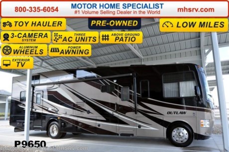 /TX 1/19/15 &lt;a href=&quot;http://www.mhsrv.com/thor-motor-coach/&quot;&gt;&lt;img src=&quot;http://www.mhsrv.com/images/sold-thor.jpg&quot; width=&quot;383&quot; height=&quot;141&quot; border=&quot;0&quot; /&gt;&lt;/a&gt;
Used 2014 Thor Motor Coach Outlaw Toy Hauler. Model 37LS with slide-out room and Ford 24-Series chassis with Triton V-10 engine &amp; high polished aluminum wheels. This unit measures approximately 38 feet 4 inches in length with full body paint exterior, an electric overhead hide-away bunk, dual cargo sofas in garage area, drop down ramp door with spring assist &amp; railing for patio use. The Outlaw toy hauler RV has an incredible list of standard features for 2014 including a full body exterior paint job, beautiful wood &amp; interior decor packages, (4) LCD TVs including and exterior entertainment center, large living room LCD TV on slide-out, LCD TV in loft and LCD TV in garage. You will also find a theater sound system in the living room with hidden sub woofer, stereo in garage, exterior stereo speakers and audio controls, power patio awing, dual side entrance doors, dual pane windows, fueling station, 1-piece windshield,  a 5500 Onan generator, back-up camera, automatic leveling system, Soft Touch leather furniture, hide-a-bed sofa with power inflate &amp; deflate controls, day/night shades and much more. 
