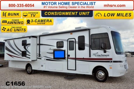 /ca 10/24/14 &lt;a href=&quot;http://www.mhsrv.com/coachmen-rv/&quot;&gt;&lt;img src=&quot;http://www.mhsrv.com/images/sold-coachmen.jpg&quot; width=&quot;383&quot; height=&quot;141&quot; border=&quot;0&quot;/&gt;&lt;/a&gt; **Consignment** 2012 Coachmen Mirada: Model 34BH. This Bunk House RV measures approximately 34 feet 9 inches in length with the the Cognac Maple wood package, Oxford Onyx exterior graphics, a second auxiliary battery, valve stem extensions, TV/DVD/Radio in bunks, separate DVD player in bedroom, entertainment/computer hutch, television upgrade (40 inch in LR &amp; 26 inch in BR), back-up camera, 5500 Onan generator, side cameras, power &amp; heated mirrors, power awning, outside entertainment center with LCD TV, Travel Easy Roadside Assistance &amp; RVID. The new 2012 Mirada also features a V-10 Ford, automatic leveling system, 1-piece windshield and much more. 