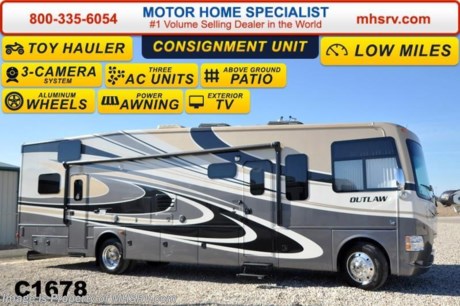 /MS 12/29 &lt;a href=&quot;http://www.mhsrv.com/thor-motor-coach/&quot;&gt;&lt;img src=&quot;http://www.mhsrv.com/images/sold-thor.jpg&quot; width=&quot;383&quot; height=&quot;141&quot; border=&quot;0&quot;/&gt;&lt;/a&gt;
**Consignment** Used 2014 Thor Motor Coach Outlaw Toy Hauler. Model 37LS with slide-out room, Ford 26-Series chassis with Triton V-10 engine, frameless windows, high polished aluminum wheels, as well as drop down ramp door with spring assist &amp; railing for patio use. This unit measures approximately 38 feet 4 inches in length and includes the Rock Island full body exterior, an electric overhead hide-away bunk, dual cargo sofas in garage area, dual pane windows, beautiful wood &amp; interior decor packages, (4) LCD TVs including and exterior entertainment center, large living room LCD TV on slide-out, LCD TV in loft and LCD TV in garage. You will also find a premium sound system, (3) A/C units, stereo in garage, exterior stereo speakers and audio controls, power patio awing, dual side entrance doors, fueling station, 1-piece windshield, a 5500 Onan generator, back-up camera, automatic leveling system, Soft Touch leather furniture, hide-a-bed sofa with power inflate &amp; deflate controls, day/night shades and much more.  For additional information and photos please visit Motor Home Specialist at www.MHSRV .com or call 800-335-6054.