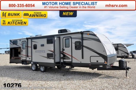 /TX 4/20/15 &lt;a href=&quot;http://www.mhsrv.com/travel-trailers/&quot;&gt;&lt;img src=&quot;http://www.mhsrv.com/images/sold-traveltrailer.jpg&quot; width=&quot;383&quot; height=&quot;141&quot; border=&quot;0&quot;/&gt;&lt;/a&gt;
 Receive a $1,000 VISA Gift Card with purchase from Motor Home Specialist while supplies last.  Family Owned &amp; Operated. Largest Selection, Lowest Prices &amp; the Premier Service &amp; Walk-Through Process that can only be found at the #1 Volume Selling Motor Home Dealer in the World! From $10K to $2 Million... We gotcha&#39; Covered!  &lt;object width=&quot;400&quot; height=&quot;300&quot;&gt;&lt;param name=&quot;movie&quot; value=&quot;http://www.youtube.com/v/fBpsq4hH-Ws?version=3&amp;amp;hl=en_US&quot;&gt;&lt;/param&gt;&lt;param name=&quot;allowFullScreen&quot; value=&quot;true&quot;&gt;&lt;/param&gt;&lt;param name=&quot;allowscriptaccess&quot; value=&quot;always&quot;&gt;&lt;/param&gt;&lt;embed src=&quot;http://www.youtube.com/v/fBpsq4hH-Ws?version=3&amp;amp;hl=en_US&quot; type=&quot;application/x-shockwave-flash&quot; width=&quot;400&quot; height=&quot;300&quot; allowscriptaccess=&quot;always&quot; allowfullscreen=&quot;true&quot;&gt;&lt;/embed&gt;&lt;/object&gt; MSRP $39,909. The Heartland Wilderness travel trailer model 3250BS bunk model features an exterior kitchen, ducted A/C, 82&quot; interior ceilings, double door refrigerator, tinted windows, stabilizer jacks, power vent, gas/electric water heater, steel ball bearing guides, enclosed under-belly, indoor &amp; outdoor speakers, dual LP tanks with auto change over, cable hookup, 55 amp 12 volt power converter &amp; the wide trax axle system. This beautiful travel trailer also includes the Elite Package which features upgraded tan fiberglass, premium graphic package, upgraded black trim, black skirt metal and black diamond plate. Additional options include aluminum wheels, a flat screen TV, power stabilizer jacks, 15.0 BTU upgraded A/C, spare tire &amp; carrier as well as a power awning. For additional coach information, brochures, window sticker, videos, photos, Wilderness reviews &amp; testimonials as well as additional information about Motor Home Specialist and our manufacturers please visit us at MHSRV .com or call 800-335-6054. At Motor Home Specialist we DO NOT charge any prep or orientation fees like you will find at other dealerships. All sale prices include a 200 point inspection, interior &amp; exterior wash &amp; detail of vehicle, a thorough coach orientation with an MHS technician, an RV Starter&#39;s kit, a nights stay in our delivery park featuring landscaped and covered pads with full hook-ups and much more. WHY PAY MORE?... WHY SETTLE FOR LESS?