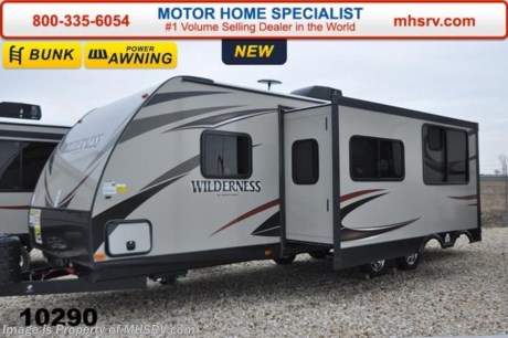 &lt;a href=&quot;http://www.mhsrv.com/travel-trailers/&quot;&gt;&lt;img src=&quot;http://www.mhsrv.com/images/sold-traveltrailer.jpg&quot; width=&quot;383&quot; height=&quot;141&quot; border=&quot;0&quot;/&gt;&lt;/a&gt; World&#39;s RV Show Priced! Now through April 25th. Receive a $1,000 VISA Gift Card with purchase from Motor Home Specialist while supplies last.  Family Owned &amp; Operated. Largest Selection, Lowest Prices &amp; the Premier Service &amp; Walk-Through Process that can only be found at the #1 Volume Selling Motor Home Dealer in the World! From $10K to $2 Million... We gotcha&#39; Covered!  &lt;object width=&quot;400&quot; height=&quot;300&quot;&gt;&lt;param name=&quot;movie&quot; value=&quot;http://www.youtube.com/v/fBpsq4hH-Ws?version=3&amp;amp;hl=en_US&quot;&gt;&lt;/param&gt;&lt;param name=&quot;allowFullScreen&quot; value=&quot;true&quot;&gt;&lt;/param&gt;&lt;param name=&quot;allowscriptaccess&quot; value=&quot;always&quot;&gt;&lt;/param&gt;&lt;embed src=&quot;http://www.youtube.com/v/fBpsq4hH-Ws?version=3&amp;amp;hl=en_US&quot; type=&quot;application/x-shockwave-flash&quot; width=&quot;400&quot; height=&quot;300&quot; allowscriptaccess=&quot;always&quot; allowfullscreen=&quot;true&quot;&gt;&lt;/embed&gt;&lt;/object&gt; MSRP $31,659. The Heartland Wilderness travel trailer model 2850BH features a slide, a double queen bunk, ducted A/C, 82&quot; interior ceilings, double door refrigerator, tinted windows, stabilizer jacks, power vent, gas/electric water heater, steel ball bearing guides, enclosed under-belly, indoor &amp; outdoor speakers, dual LP tanks with auto change over, cable hookup, 55 amp 12 volt power converter &amp; the wide trax axle system. This beautiful travel trailer also includes the Elite Package which features upgraded tan fiberglass, premium graphic package, upgraded black trim, black skirt metal and black diamond plate. Additional options include aluminum wheels, large flat screen TV, power stabilizer jacks, upgraded 15.0 BTU A/C, spare tire &amp; carrier as well as a power awning. For additional coach information, brochures, window sticker, videos, photos, Wilderness reviews &amp; testimonials as well as additional information about Motor Home Specialist and our manufacturers please visit us at MHSRV .com or call 800-335-6054. At Motor Home Specialist we DO NOT charge any prep or orientation fees like you will find at other dealerships. All sale prices include a 200 point inspection, interior &amp; exterior wash &amp; detail of vehicle, a thorough coach orientation with an MHS technician, an RV Starter&#39;s kit, a nights stay in our delivery park featuring landscaped and covered pads with full hook-ups and much more. WHY PAY MORE?... WHY SETTLE FOR LESS?
