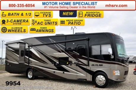 /TX 6-30-15 &lt;a href=&quot;http://www.mhsrv.com/thor-motor-coach/&quot;&gt;&lt;img src=&quot;http://www.mhsrv.com/images/sold-thor.jpg&quot; width=&quot;383&quot; height=&quot;141&quot; border=&quot;0&quot;/&gt;&lt;/a&gt;
MSRP $187,508. The all new Bath &amp; 1/2 Outlaw 38RE Residence Edition is unlike any other class A motor home on the market today. From it&#39;s unmistakable vaulted living room and galley ceilings that provide an approximate 8&#39; shower height to the only 9&#39; Cathedral style bedroom ceiling w/drop down ceiling fan in the industry. The master bedroom is further highlighted by an elevated window with power shade at the foot of the king size bed creating the only &quot;Starlight&quot; window in the industry. The ceilings, however, are just a small part of what makes the Outlaw Residence Edition such an amazing motor home. You can walk through the master bedroom and rear half bath out onto the only above ground patio deck on a class A motor home floor plan available today. The patio is also head and shoulders above the norm featuring a massive 50&quot; LED TV, Bluetooth&#174; sound bar, sink, gas grill, exterior refrigerator, rear patio awning and even a set of rear steps for access to and from the patio without having to walk through the motor home! All of the exterior kitchen and entertainment amenities are easily secured by the 38RE&#39;s roll down metal storage door with lock. The 38RE also features an electric side patio awning and second exterior LED TV. But the unique and residential features don&#39;t stop there. You will also find perhaps the largest booth/sleeper in the industry with a 48&quot; x 84&quot; sleeping area, a hide-a-bed sofa with air mattress, a power drop-down cab-over bunk, a side-by-side residential refrigerator, a huge pantry, pre-plumbing for either a stack or combo washer/dryer and a large 40&quot; LED living room TV with easy viewing even when the slide-out rooms are in. The 38RE rides on the industry leading Ford 26,000lb chassis w/8,000lb. hitch, has beautiful high polished aluminum wheels, full body exterior paint and an unbelievable 158 cu. ft. of exterior storage and 150 gallons of fresh water tank capacity for extended tail-gating and dry-camping capabilities!  You will also find, not only, two roof A/C units, but a third wall mount A/C unit in bedroom, swivel front seats with extra table, frame-less windows,  3-camera monitoring system, LED ceiling lighting, solid surface kitchen counter &amp; table, Denver Mattress&#174;, LED TV in master bedroom, HDMI video distribution, power charging center, an 1800 watt inverter, Rapid Camp™ wireless coach control system and much more! It measures approximately 39 feet 11 inches in length w/3 slides-out rooms. For more details please visit Motor Home Specialist at MHSRV .com or call 800-335-6054. Family Owned &amp; Operated and the #1 Volume Selling Motor Home Dealer in the World as well as the #1 Thor Motor Coach Dealer in the World. At Motor Home Specialist we DO NOT charge any prep or orientation fees like you will find at other dealerships. All sale prices include a 200 point inspection, interior &amp; exterior wash &amp; detail of vehicle, a thorough coach orientation with an MHS technician, an RV Starter&#39;s kit, a nights stay in our delivery park featuring landscaped and covered pads with full hook-ups and much more. WHY PAY MORE?... WHY SETTLE FOR LESS?
 &lt;object width=&quot;400&quot; height=&quot;300&quot;&gt;&lt;param name=&quot;movie&quot; value=&quot;http://www.youtube.com/v/fBpsq4hH-Ws?version=3&amp;amp;hl=en_US&quot;&gt;&lt;/param&gt;&lt;param name=&quot;allowFullScreen&quot; value=&quot;true&quot;&gt;&lt;/param&gt;&lt;param name=&quot;allowscriptaccess&quot; value=&quot;always&quot;&gt;&lt;/param&gt;&lt;embed src=&quot;http://www.youtube.com/v/fBpsq4hH-Ws?version=3&amp;amp;hl=en_US&quot; type=&quot;application/x-shockwave-flash&quot; width=&quot;400&quot; height=&quot;300&quot; allowscriptaccess=&quot;always&quot; allowfullscreen=&quot;true&quot;&gt;&lt;/embed&gt;&lt;/object&gt;
