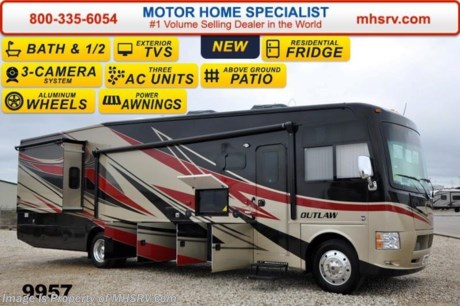 /AL 5-21-15 &lt;a href=&quot;http://www.mhsrv.com/thor-motor-coach/&quot;&gt;&lt;img src=&quot;http://www.mhsrv.com/images/sold-thor.jpg&quot; width=&quot;383&quot; height=&quot;141&quot; border=&quot;0&quot;/&gt;&lt;/a&gt;
MSRP $187,508. The all new Bath &amp; 1/2 Outlaw 38RE Residence Edition is unlike any other class A motor home on the market today. From it&#39;s unmistakable vaulted living room and galley ceilings that provide an approximate 8&#39; shower height to the only 9&#39; Cathedral style bedroom ceiling w/drop down ceiling fan in the industry. The master bedroom is further highlighted by an elevated window with power shade at the foot of the king size bed creating the only &quot;Starlight&quot; window in the industry. The ceilings, however, are just a small part of what makes the Outlaw Residence Edition such an amazing motor home. You can walk through the master bedroom and rear half bath out onto the only above ground patio deck on a class A motor home floor plan available today. The patio is also head and shoulders above the norm featuring a massive 50&quot; LED TV, Bluetooth&#174; sound bar, sink, gas grill, exterior refrigerator, rear patio awning and even a set of rear steps for access to and from the patio without having to walk through the motor home! All of the exterior kitchen and entertainment amenities are easily secured by the 38RE&#39;s roll down metal storage door with lock. The 38RE also features an electric side patio awning and second exterior LED TV. But the unique and residential features don&#39;t stop there. You will also find perhaps the largest booth/sleeper in the industry with a 48&quot; x 84&quot; sleeping area, a hide-a-bed sofa with air mattress, a power drop-down cab-over bunk, a side-by-side residential refrigerator, a huge pantry, pre-plumbing for either a stack or combo washer/dryer and a large 40&quot; LED living room TV with easy viewing even when the slide-out rooms are in. The 38RE rides on the industry leading Ford 26,000lb chassis w/8,000lb. hitch, has beautiful high polished aluminum wheels, full body exterior paint and an unbelievable 158 cu. ft. of exterior storage and 150 gallons of fresh water tank capacity for extended tail-gating and dry-camping capabilities!  You will also find, not only, two roof A/C units, but a third wall mount A/C unit in bedroom, swivel front seats with extra table, frame-less windows,  3-camera monitoring system, LED ceiling lighting, solid surface kitchen counter &amp; table, Denver Mattress&#174;, LED TV in master bedroom, HDMI video distribution, power charging center, an 1800 watt inverter, Rapid Camp™ wireless coach control system and much more! It measures approximately 39 feet 11 inches in length w/3 slides-out rooms. For more details please visit Motor Home Specialist at MHSRV .com or call 800-335-6054. Family Owned &amp; Operated and the #1 Volume Selling Motor Home Dealer in the World as well as the #1 Thor Motor Coach Dealer in the World. At Motor Home Specialist we DO NOT charge any prep or orientation fees like you will find at other dealerships. All sale prices include a 200 point inspection, interior &amp; exterior wash &amp; detail of vehicle, a thorough coach orientation with an MHS technician, an RV Starter&#39;s kit, a nights stay in our delivery park featuring landscaped and covered pads with full hook-ups and much more. WHY PAY MORE?... WHY SETTLE FOR LESS?
 &lt;object width=&quot;400&quot; height=&quot;300&quot;&gt;&lt;param name=&quot;movie&quot; value=&quot;http://www.youtube.com/v/fBpsq4hH-Ws?version=3&amp;amp;hl=en_US&quot;&gt;&lt;/param&gt;&lt;param name=&quot;allowFullScreen&quot; value=&quot;true&quot;&gt;&lt;/param&gt;&lt;param name=&quot;allowscriptaccess&quot; value=&quot;always&quot;&gt;&lt;/param&gt;&lt;embed src=&quot;http://www.youtube.com/v/fBpsq4hH-Ws?version=3&amp;amp;hl=en_US&quot; type=&quot;application/x-shockwave-flash&quot; width=&quot;400&quot; height=&quot;300&quot; allowscriptaccess=&quot;always&quot; allowfullscreen=&quot;true&quot;&gt;&lt;/embed&gt;&lt;/object&gt;
