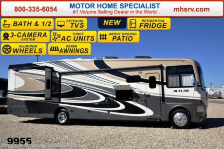 /TX 6/15/15 &lt;a href=&quot;http://www.mhsrv.com/thor-motor-coach/&quot;&gt;&lt;img src=&quot;http://www.mhsrv.com/images/sold-thor.jpg&quot; width=&quot;383&quot; height=&quot;141&quot; border=&quot;0&quot;/&gt;&lt;/a&gt;
MSRP $187,508. The all new Bath &amp; 1/2 Outlaw 38RE Residence Edition is unlike any other class A motor home on the market today. From it&#39;s unmistakable vaulted living room and galley ceilings that provide an approximate 8&#39; shower height to the only 9&#39; Cathedral style bedroom ceiling w/drop down ceiling fan in the industry. The master bedroom is further highlighted by an elevated window with power shade at the foot of the king size bed creating the only &quot;Starlight&quot; window in the industry. The ceilings, however, are just a small part of what makes the Outlaw Residence Edition such an amazing motor home. You can walk through the master bedroom and rear half bath out onto the only above ground patio deck on a class A motor home floor plan available today. The patio is also head and shoulders above the norm featuring a massive 50&quot; LED TV, Bluetooth&#174; sound bar, sink, gas grill, exterior refrigerator, rear patio awning and even a set of rear steps for access to and from the patio without having to walk through the motor home! All of the exterior kitchen and entertainment amenities are easily secured by the 38RE&#39;s roll down metal storage door with lock. The 38RE also features an electric side patio awning and second exterior LED TV. But the unique and residential features don&#39;t stop there. You will also find perhaps the largest booth/sleeper in the industry with a 48&quot; x 84&quot; sleeping area, a hide-a-bed sofa with air mattress, a power drop-down cab-over bunk, a side-by-side residential refrigerator, a huge pantry, pre-plumbing for either a stack or combo washer/dryer and a large 40&quot; LED living room TV with easy viewing even when the slide-out rooms are in. The 38RE rides on the industry leading Ford 26,000lb chassis w/8,000lb. hitch, has beautiful high polished aluminum wheels, full body exterior paint and an unbelievable 158 cu. ft. of exterior storage and 150 gallons of fresh water tank capacity for extended tail-gating and dry-camping capabilities!  You will also find, not only, two roof A/C units, but a third wall mount A/C unit in bedroom, swivel front seats with extra table, frame-less windows,  3-camera monitoring system, LED ceiling lighting, solid surface kitchen counter &amp; table, Denver Mattress&#174;, LED TV in master bedroom, HDMI video distribution, power charging center, an 1800 watt inverter, Rapid Camp™ wireless coach control system and much more! It measures approximately 39 feet 11 inches in length w/3 slides-out rooms. For more details please visit Motor Home Specialist at MHSRV .com or call 800-335-6054. Family Owned &amp; Operated and the #1 Volume Selling Motor Home Dealer in the World as well as the #1 Thor Motor Coach Dealer in the World. At Motor Home Specialist we DO NOT charge any prep or orientation fees like you will find at other dealerships. All sale prices include a 200 point inspection, interior &amp; exterior wash &amp; detail of vehicle, a thorough coach orientation with an MHS technician, an RV Starter&#39;s kit, a nights stay in our delivery park featuring landscaped and covered pads with full hook-ups and much more. WHY PAY MORE?... WHY SETTLE FOR LESS?
 &lt;object width=&quot;400&quot; height=&quot;300&quot;&gt;&lt;param name=&quot;movie&quot; value=&quot;http://www.youtube.com/v/fBpsq4hH-Ws?version=3&amp;amp;hl=en_US&quot;&gt;&lt;/param&gt;&lt;param name=&quot;allowFullScreen&quot; value=&quot;true&quot;&gt;&lt;/param&gt;&lt;param name=&quot;allowscriptaccess&quot; value=&quot;always&quot;&gt;&lt;/param&gt;&lt;embed src=&quot;http://www.youtube.com/v/fBpsq4hH-Ws?version=3&amp;amp;hl=en_US&quot; type=&quot;application/x-shockwave-flash&quot; width=&quot;400&quot; height=&quot;300&quot; allowscriptaccess=&quot;always&quot; allowfullscreen=&quot;true&quot;&gt;&lt;/embed&gt;&lt;/object&gt;
